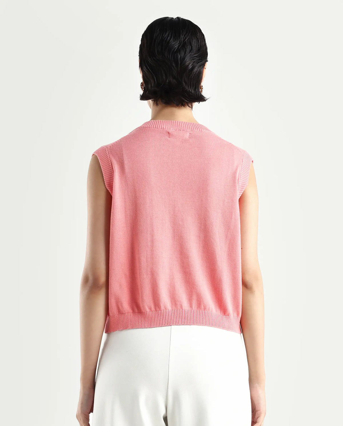 Rareism Women's Madelyn Pink Cotton V-Neck Plain Sleeveless Regular Fit Sweater