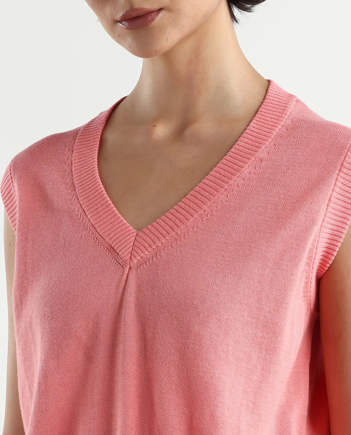 Rareism Women's Madelyn Pink Cotton V-Neck Plain Sleeveless Regular Fit Sweater