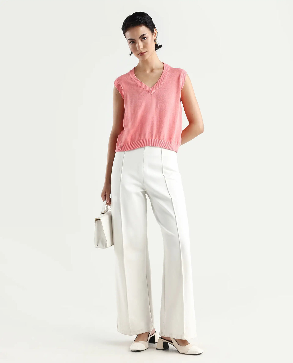Rareism Women's Madelyn Pink Cotton V-Neck Plain Sleeveless Regular Fit Sweater