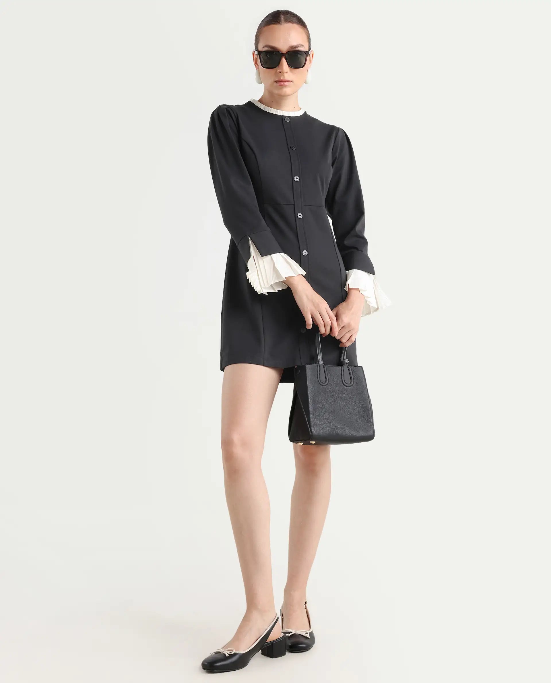 Rareism Women's Mafis Black Polyester Blend Ruffled Neck Plain Fashion Sleeve Mini Straight Fit Dress