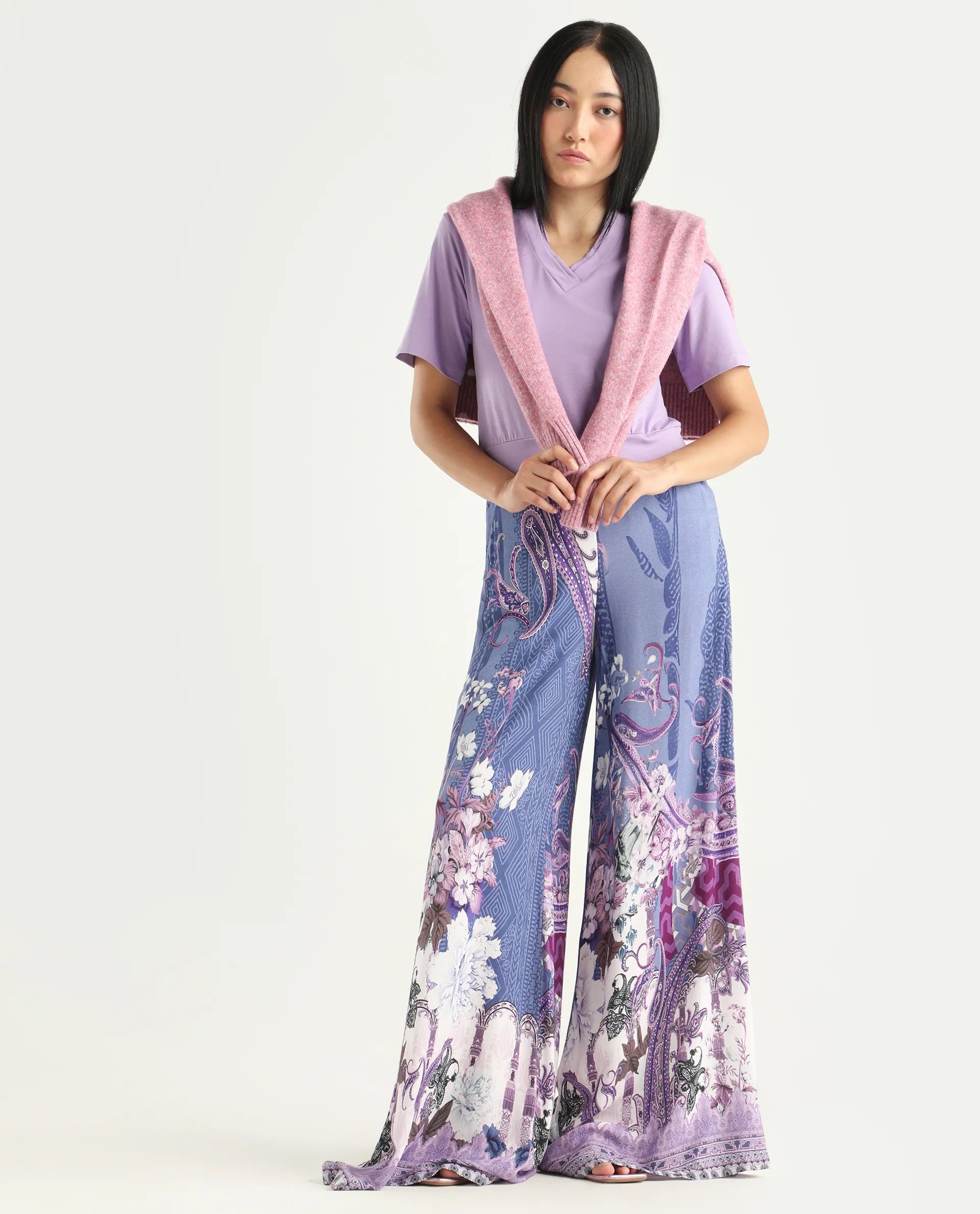 Rareism Women's Makiato Dusky Purple Viscose Blend Floral Print Ankle Length Flared Trouser