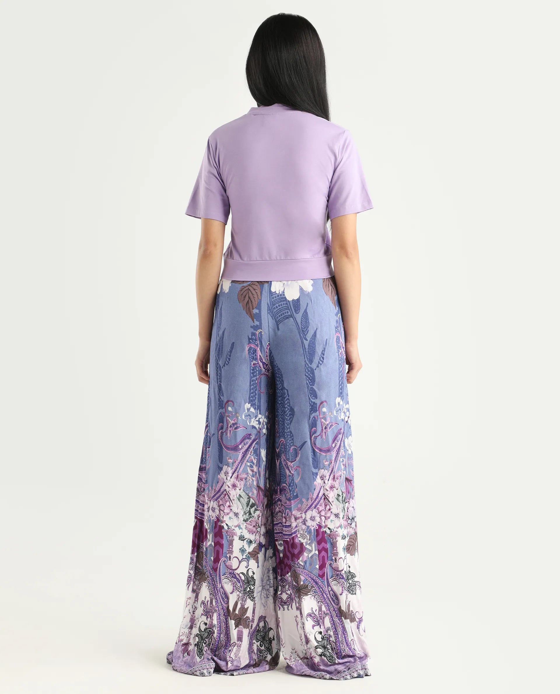 Rareism Women's Makiato Dusky Purple Viscose Blend Floral Print Ankle Length Flared Trouser