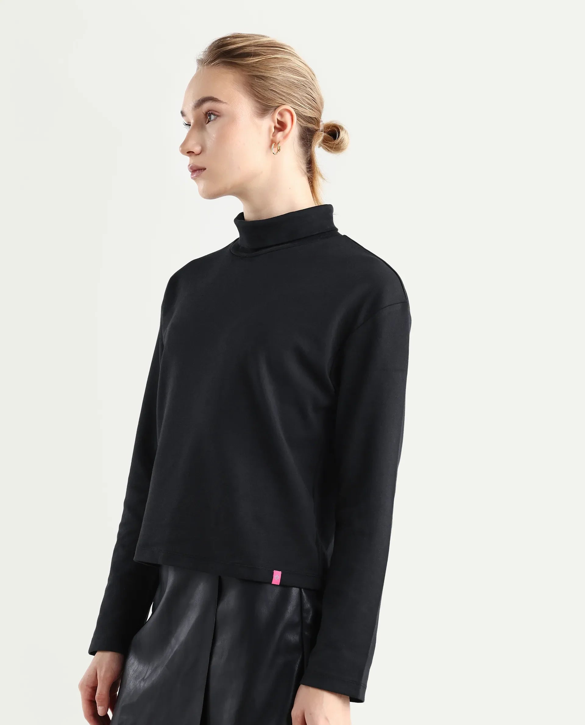Rareism Women's Malatya Black Cotton Blend Polo Neck Plain Slim Fit Top