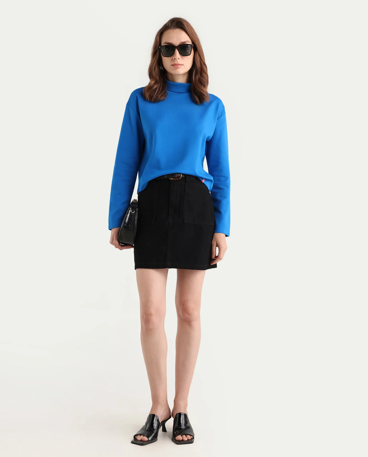 Rareism Women's Malatya Blue Cotton Polo Neck Plain Slim Fit Top