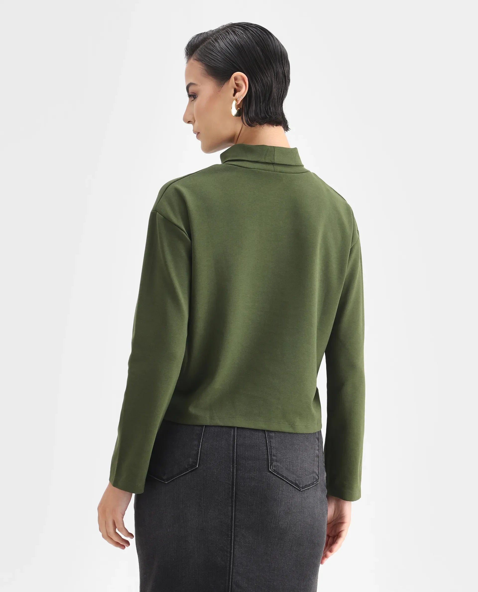 Rareism Women's Malatya Olive Cotton Blend Polo Neck Plain Slim Fit Top
