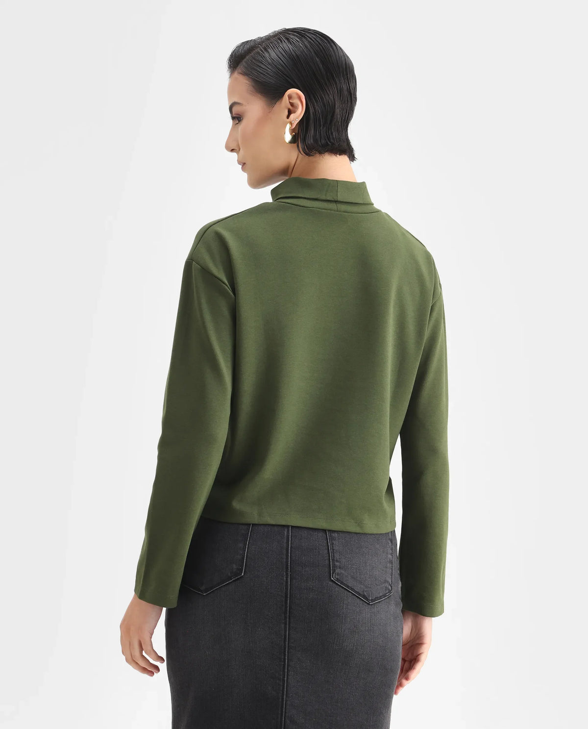 Rareism Women's Malatya Olive Cotton Blend Polo Neck Plain Slim Fit Top