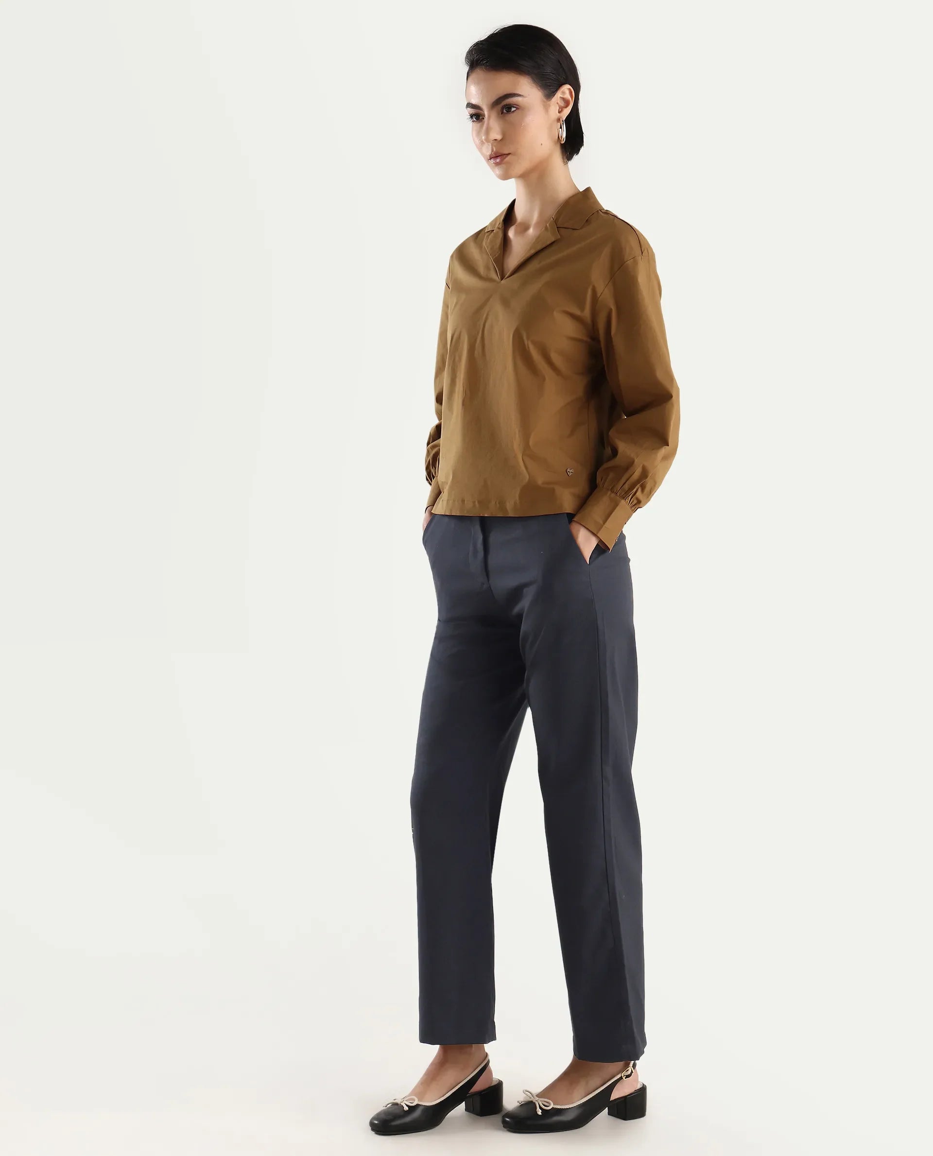 Rareism Women's Mals - Blue Polyester Blend Plain Ankle Length Tapered Trouser