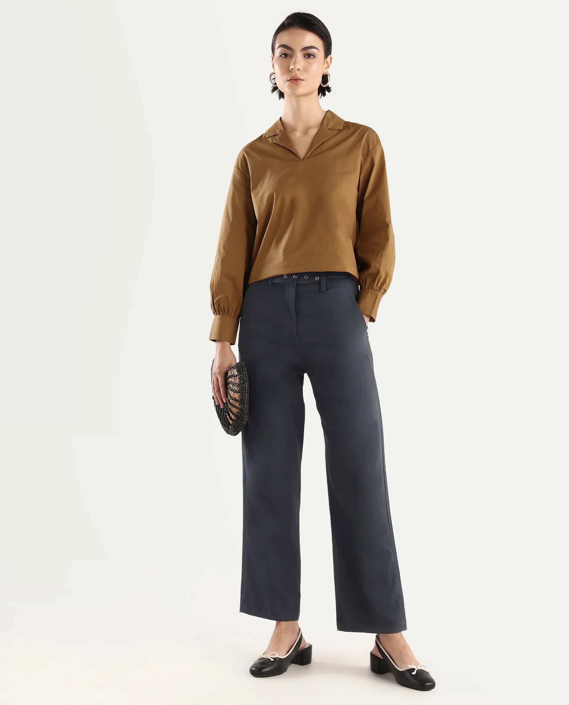 Rareism Women's Mals - Blue Polyester Blend Plain Ankle Length Tapered Trouser