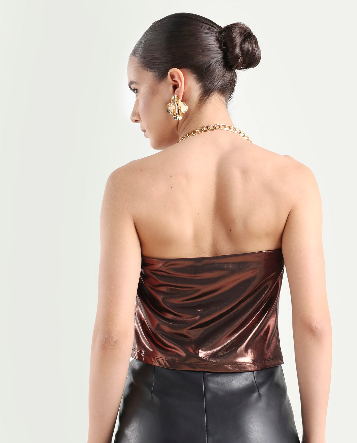 Rareism Women's Manda Metallic Brown Polyester Cowl Neck Plain Sleeveless Crop Fitted Top