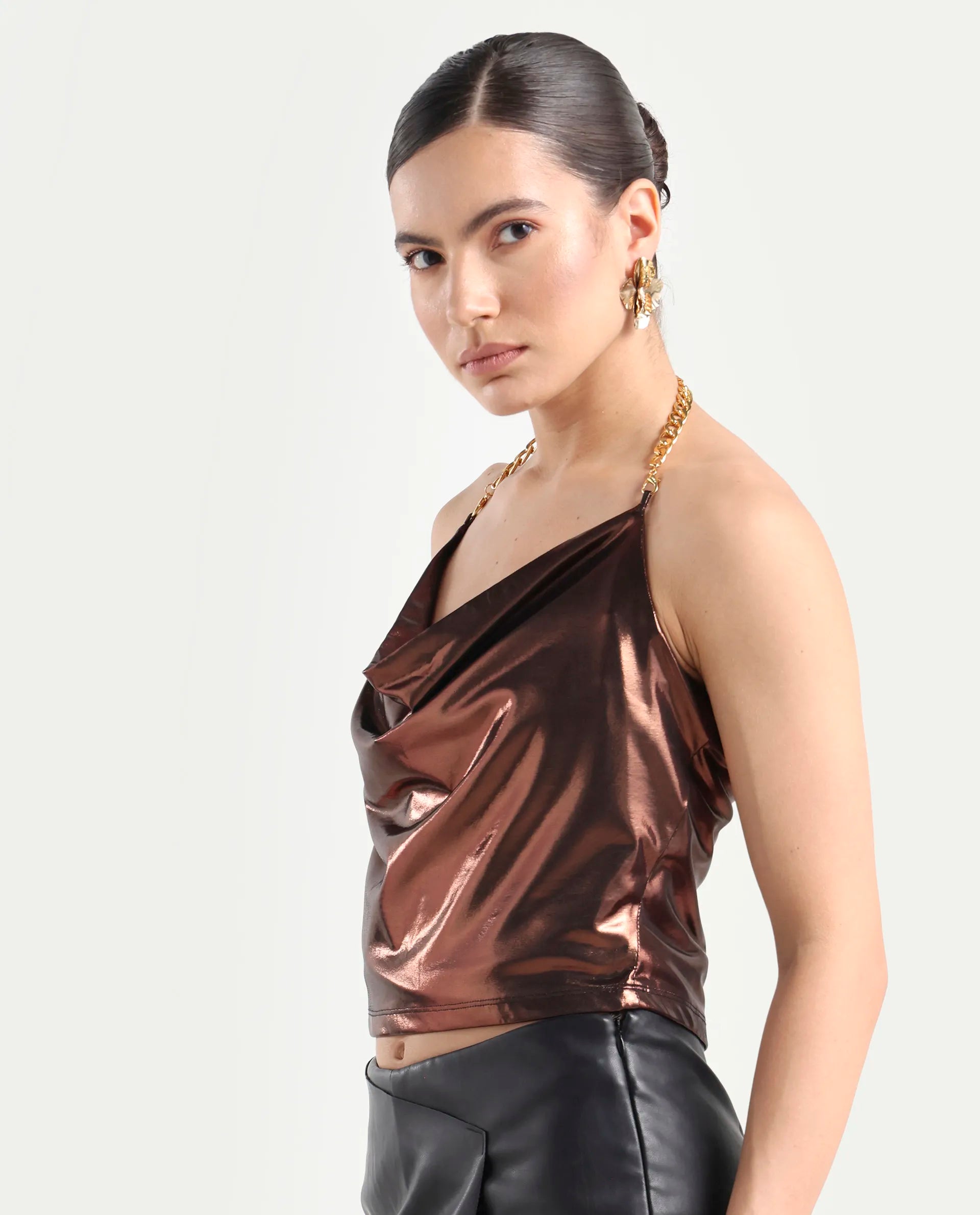 Rareism Women's Manda Metallic Brown Polyester Cowl Neck Plain Sleeveless Crop Fitted Top