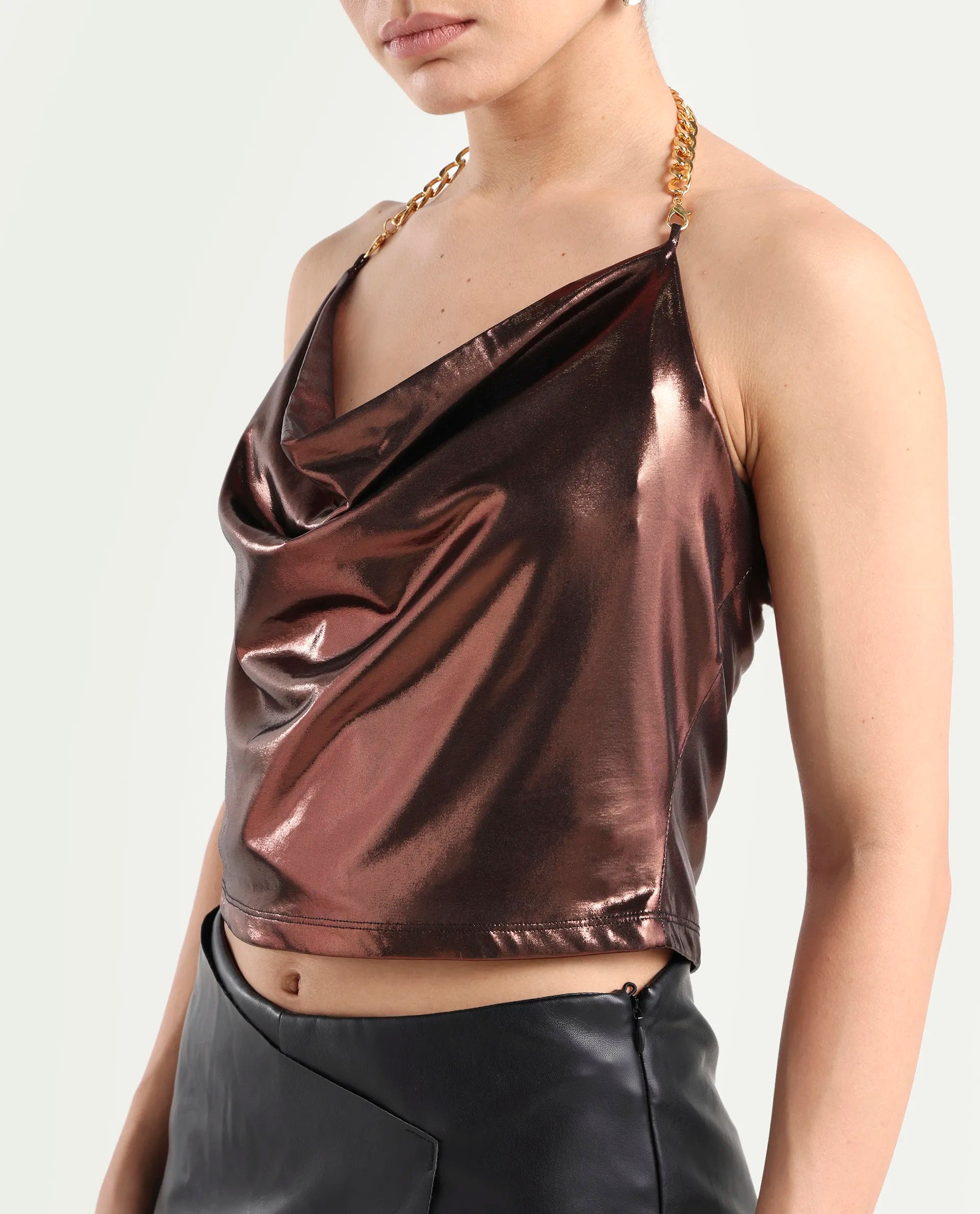 Rareism Women's Manda Metallic Brown Polyester Cowl Neck Plain Sleeveless Crop Fitted Top