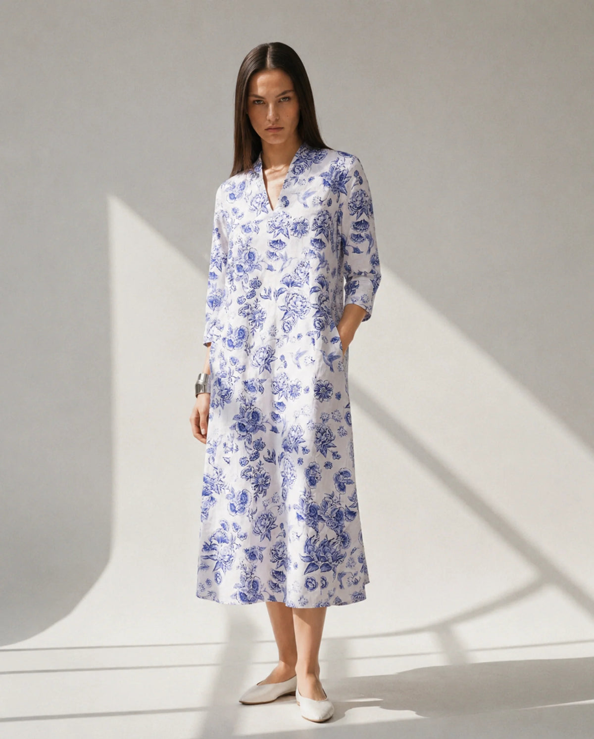 Rareism Women's Manda Beige Floral Cotton A-Line Three Quarter Sleeve Dress