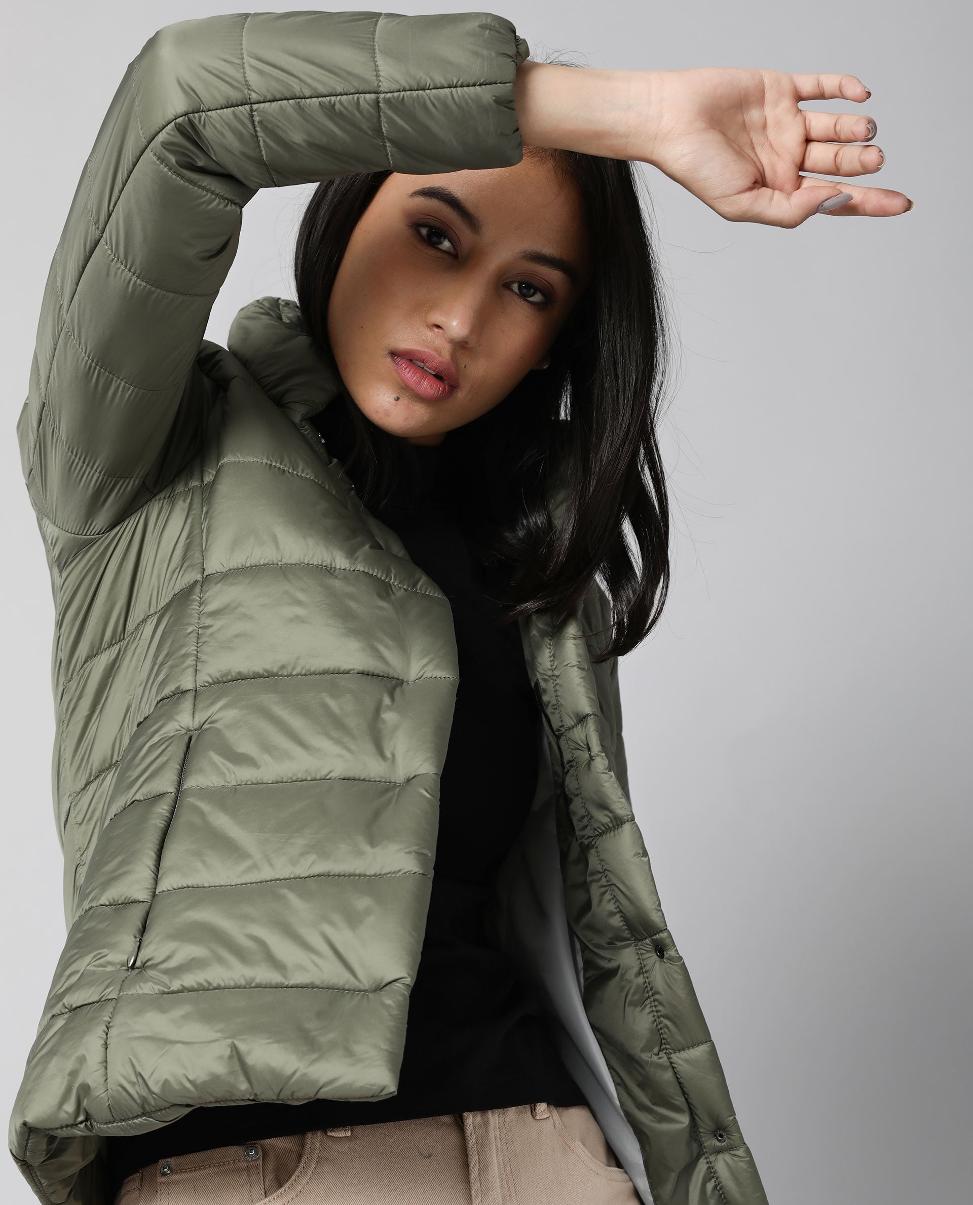 Rareism Women Mung Olive Jacket Full Sleeves Solid