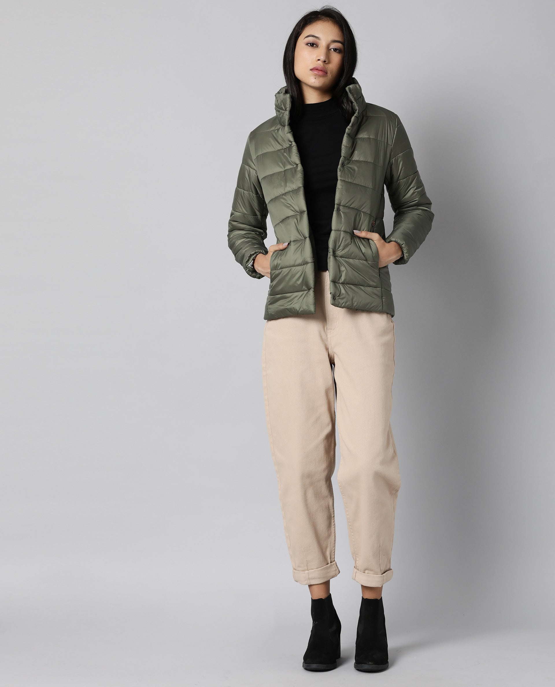 Rareism Women Mung Olive Jacket Full Sleeves Solid