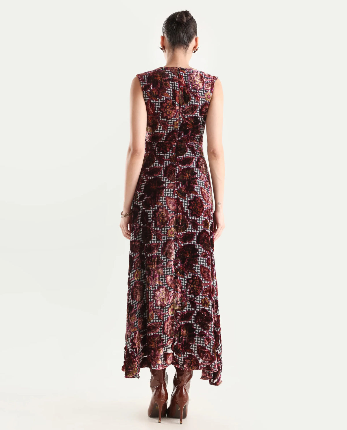 Rareism Women's Manila Multi Velvet V-Neck Floral Print Maxi Fit And Flare Dress