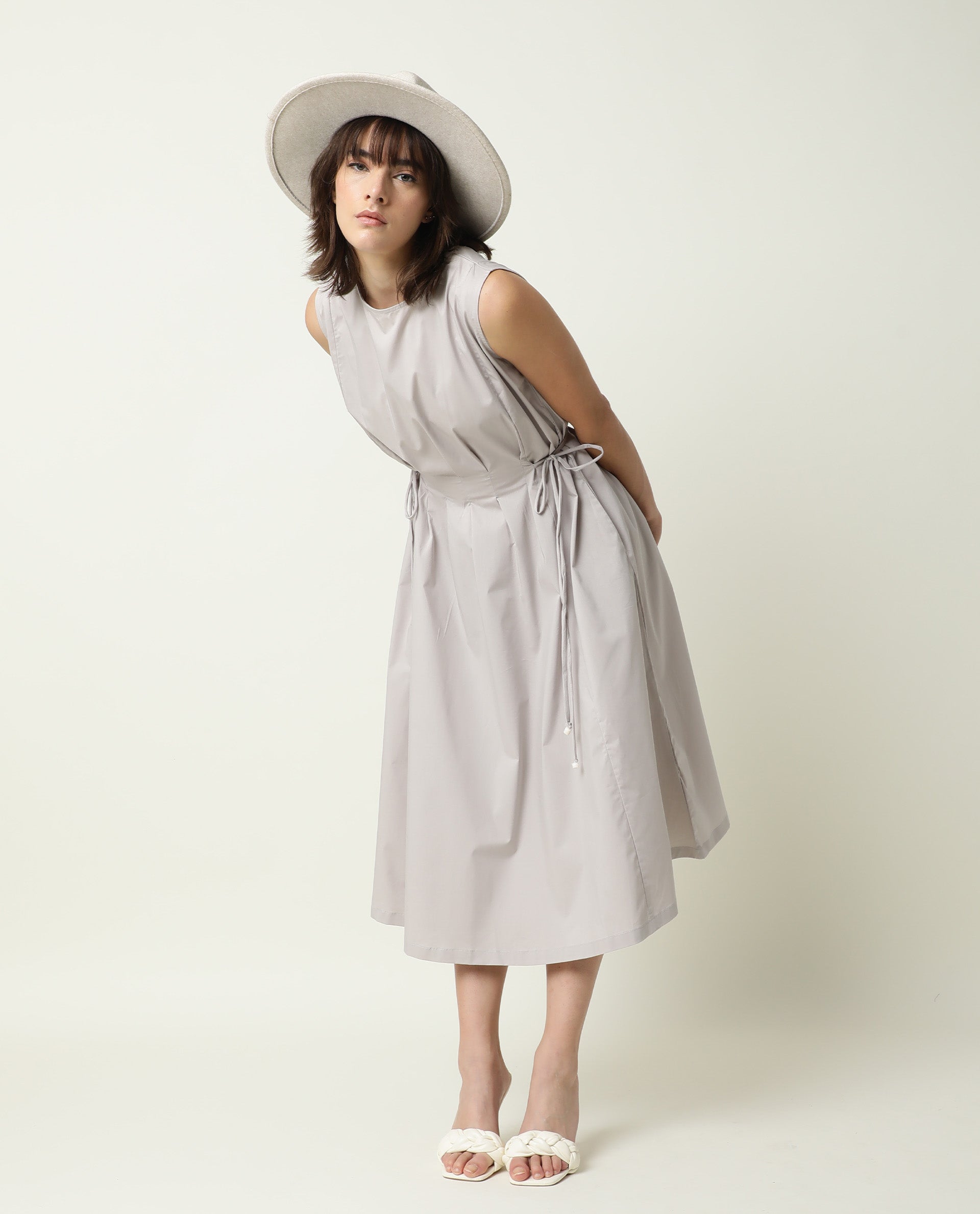 Rareism Womens Zippo Grey Dress Cotton Lycra Fabric Regular Fit Sleeveless Round Neck