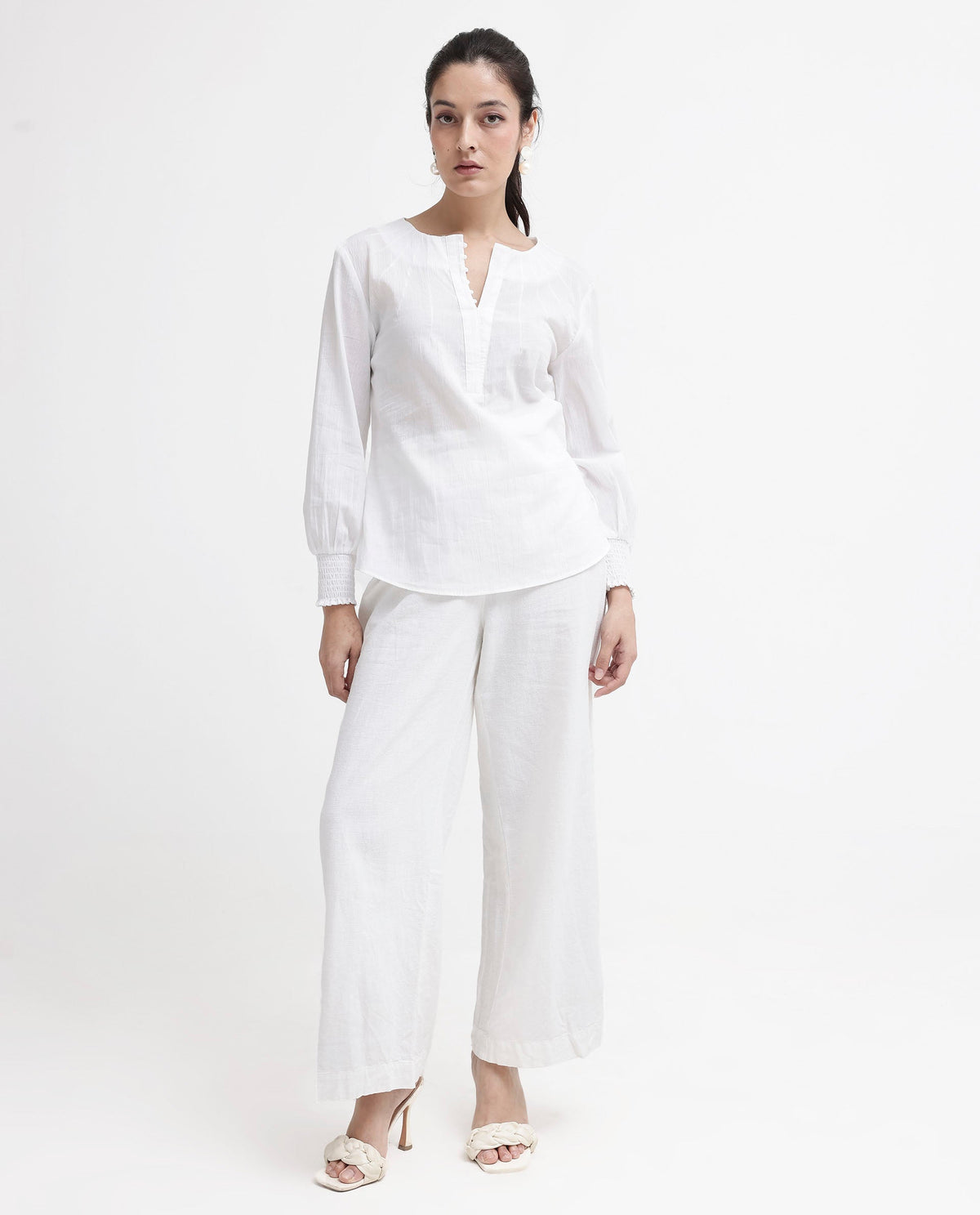 Rareism Women Mante White Cotton Fabric Full Sleeves Button Closure Mandarin Collar Bishop Sleeve Regular Fit Plain Top