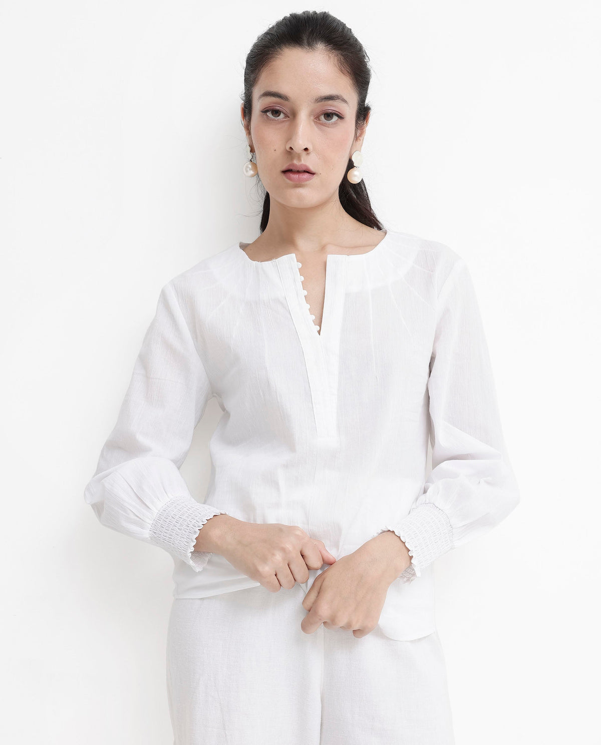 Rareism Women Mante White Cotton Fabric Full Sleeves Button Closure Mandarin Collar Bishop Sleeve Regular Fit Plain Top