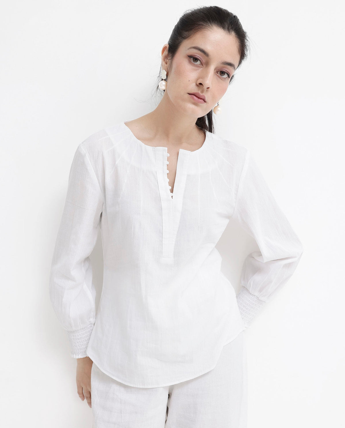 Rareism Women Mante White Cotton Fabric Full Sleeves Button Closure Mandarin Collar Bishop Sleeve Regular Fit Plain Top