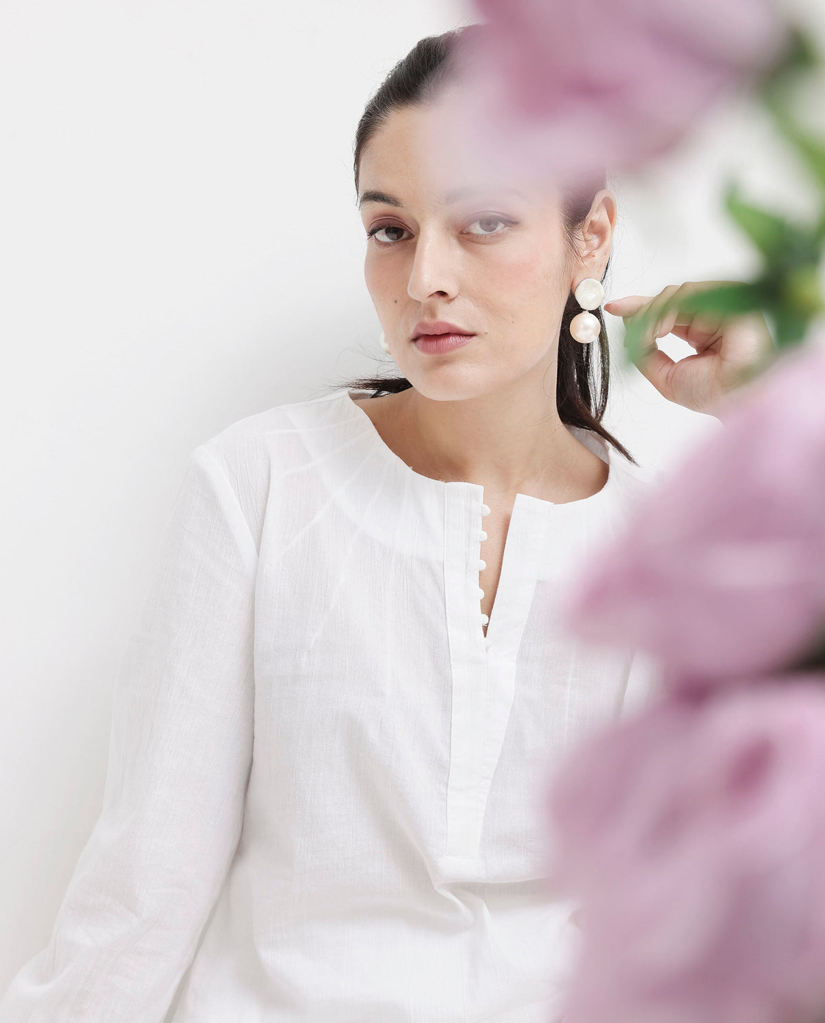 Rareism Women Mante White Cotton Fabric Full Sleeves Button Closure Mandarin Collar Bishop Sleeve Regular Fit Plain Top