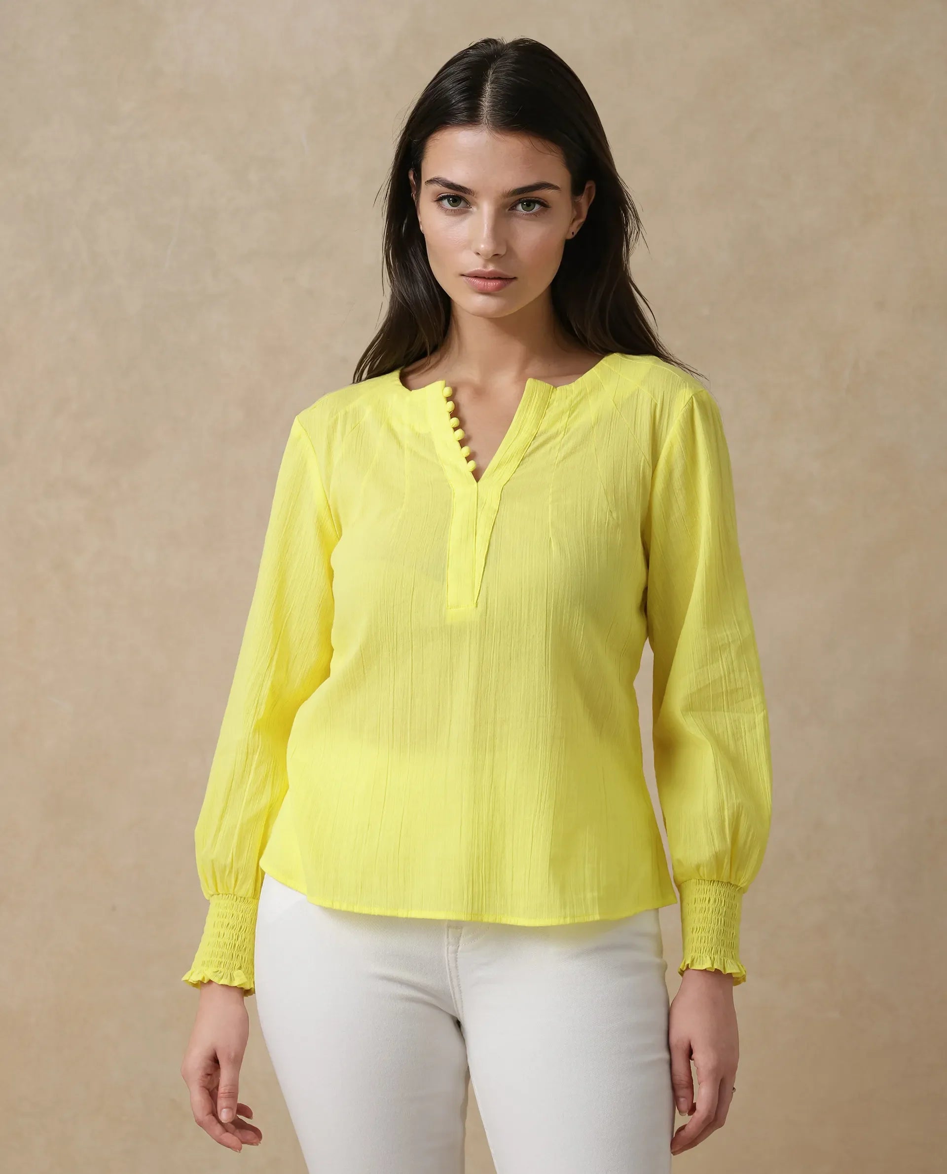 Rareism Women's Mante Yellow Cotton Crew Neck Plain Bishop Sleeve Regular Fit Top