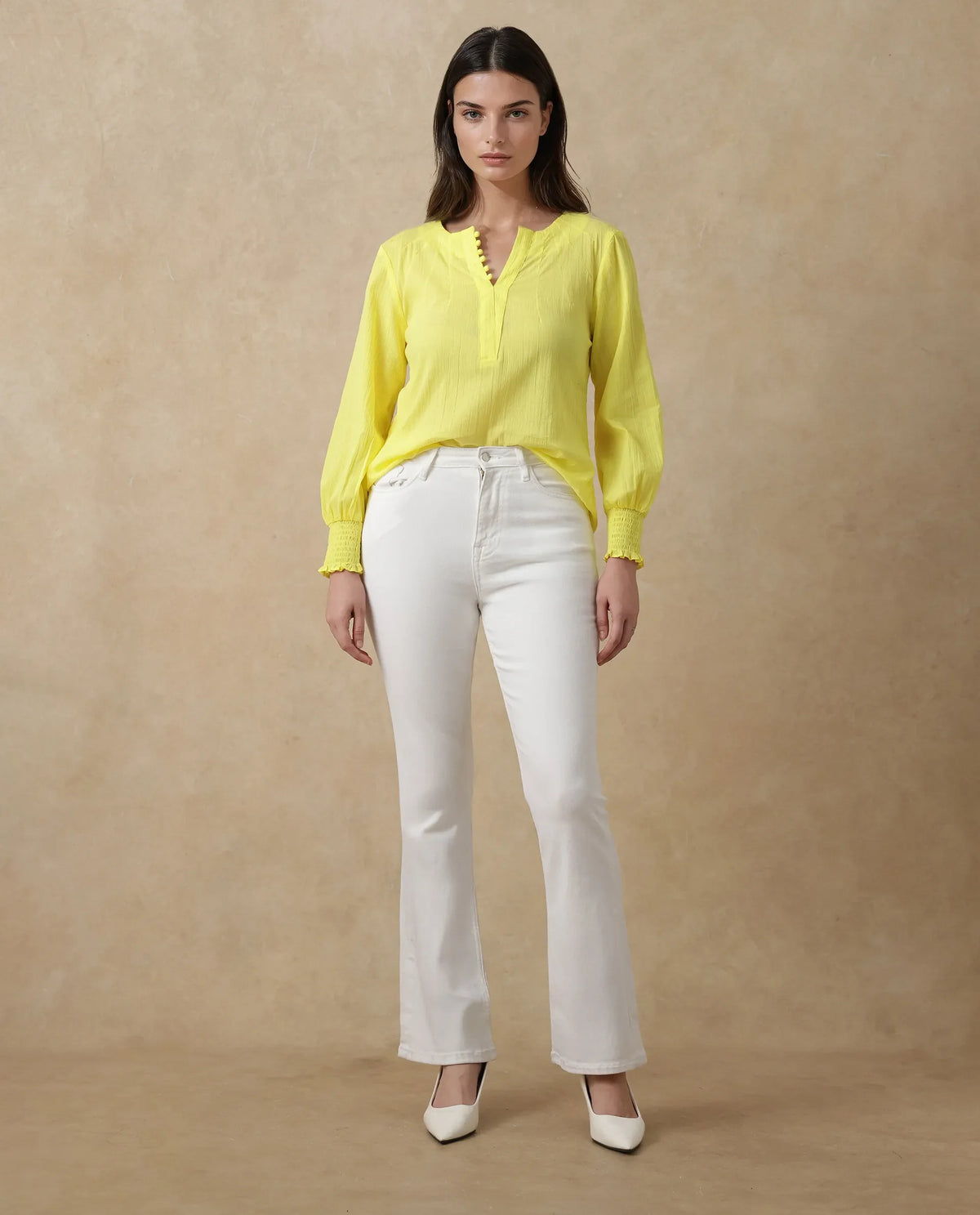 Rareism Women's Mante Yellow Cotton Crew Neck Plain Bishop Sleeve Regular Fit Top