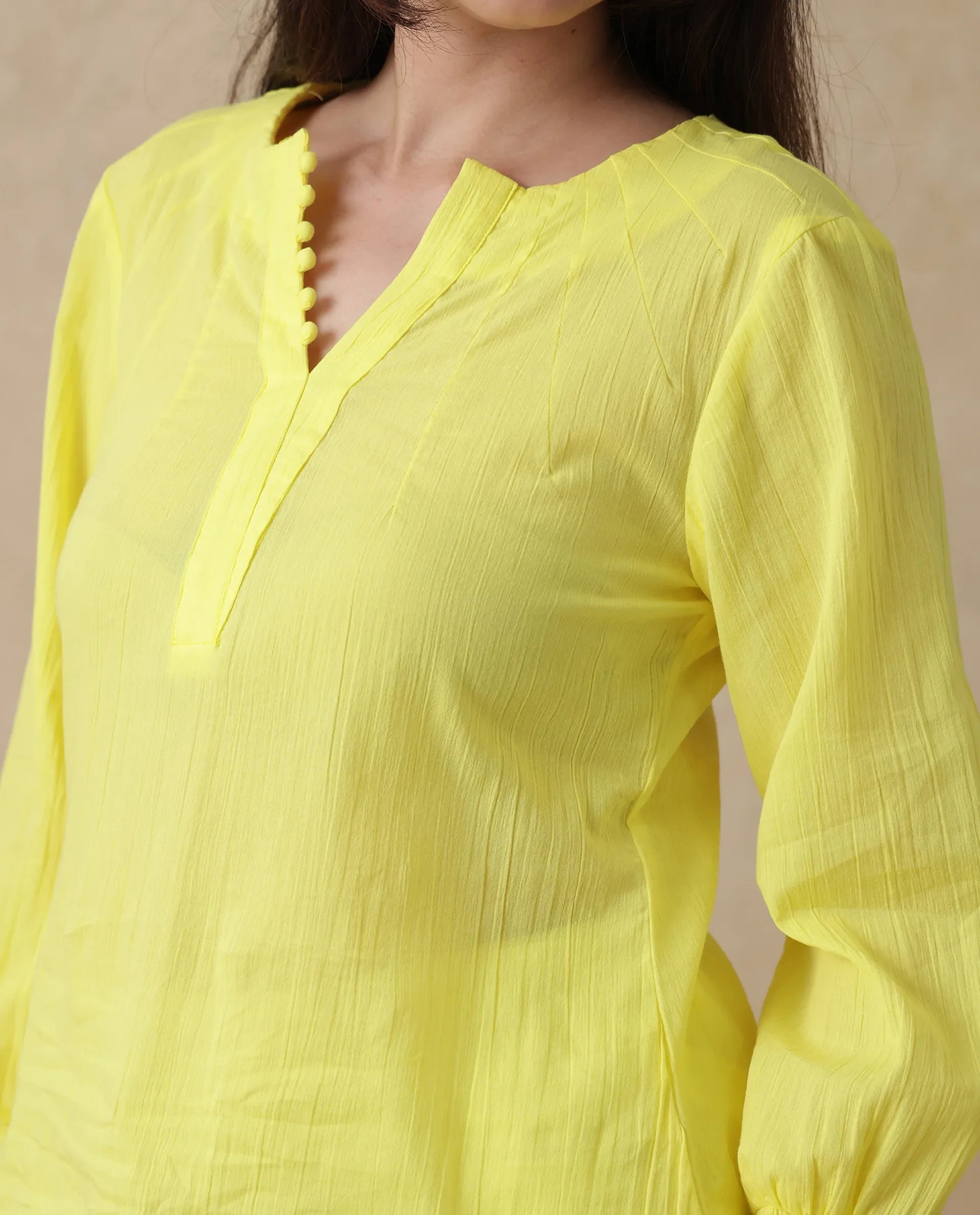 Rareism Women's Mante Yellow Cotton Crew Neck Plain Bishop Sleeve Regular Fit Top