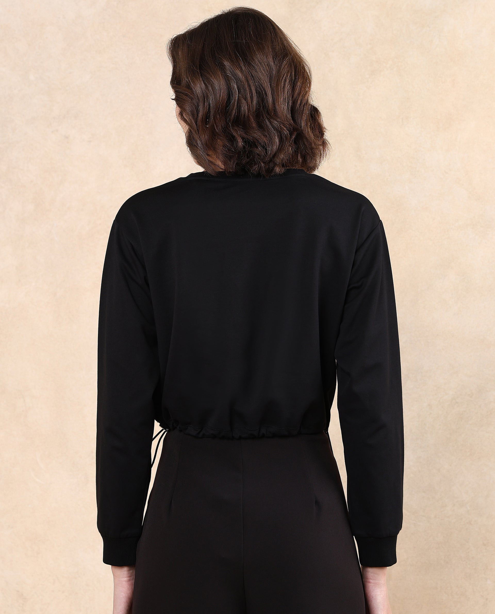 Rareism Women's Maple Black Cotton Blend Crew Neck Plain Crop Relaxed Fit Sweatshirt