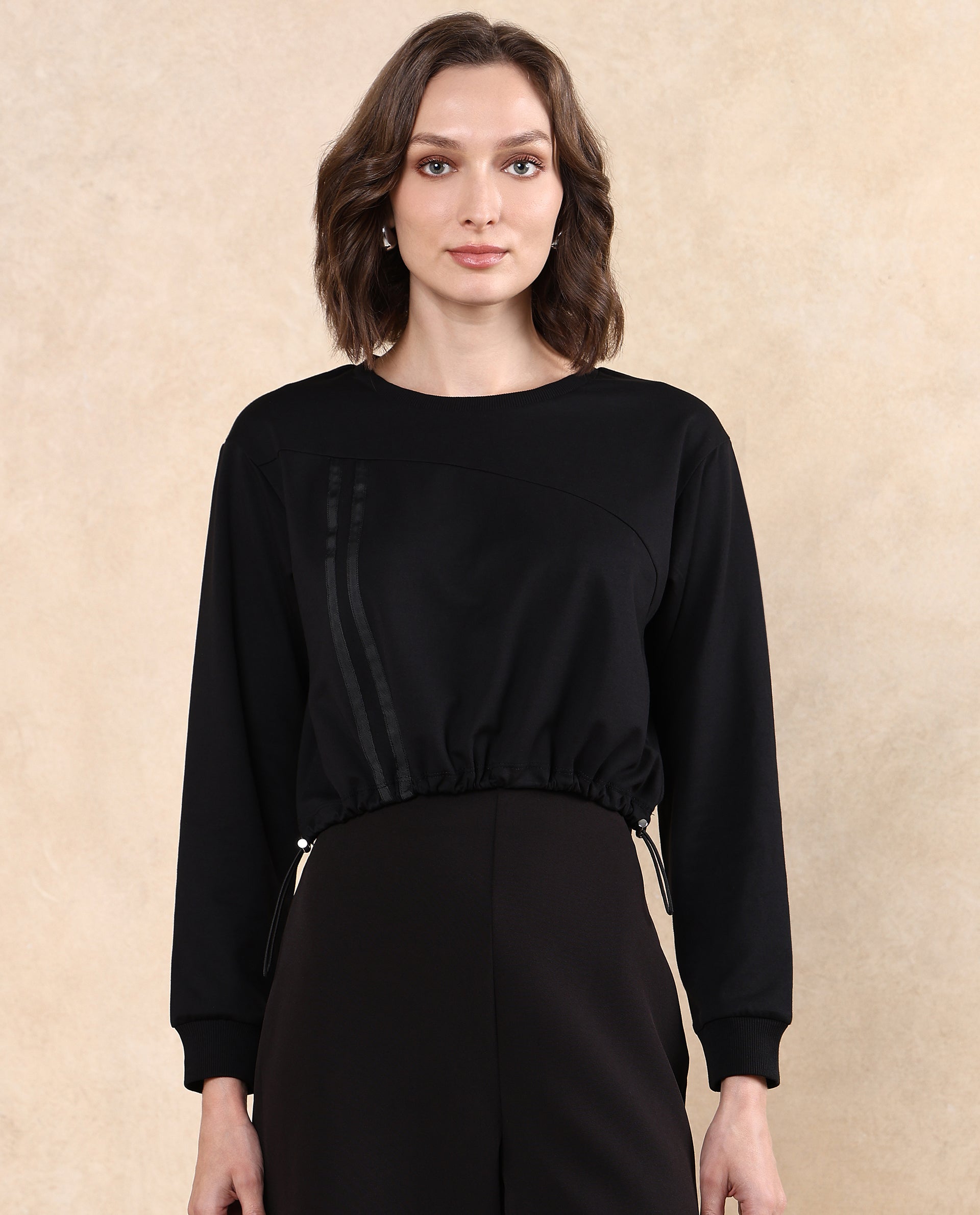 Rareism Women's Maple Black Cotton Blend Crew Neck Plain Crop Relaxed Fit Sweatshirt