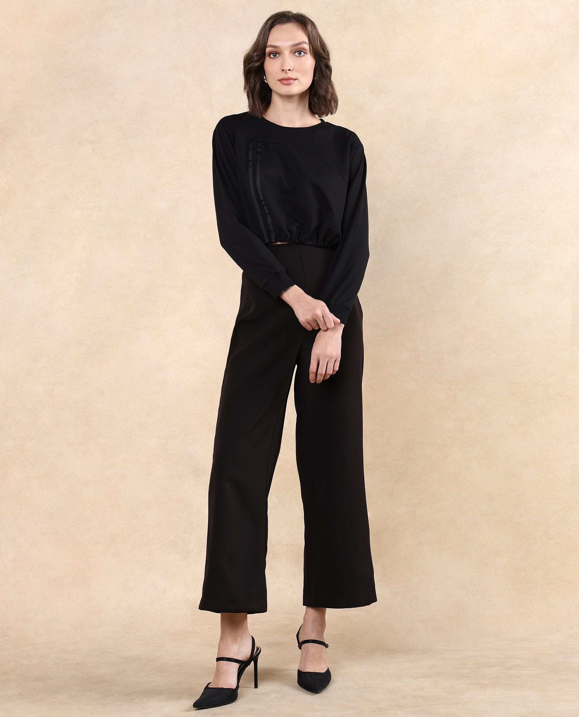 Rareism Women's Maple Black Cotton Blend Crew Neck Plain Crop Relaxed Fit Sweatshirt
