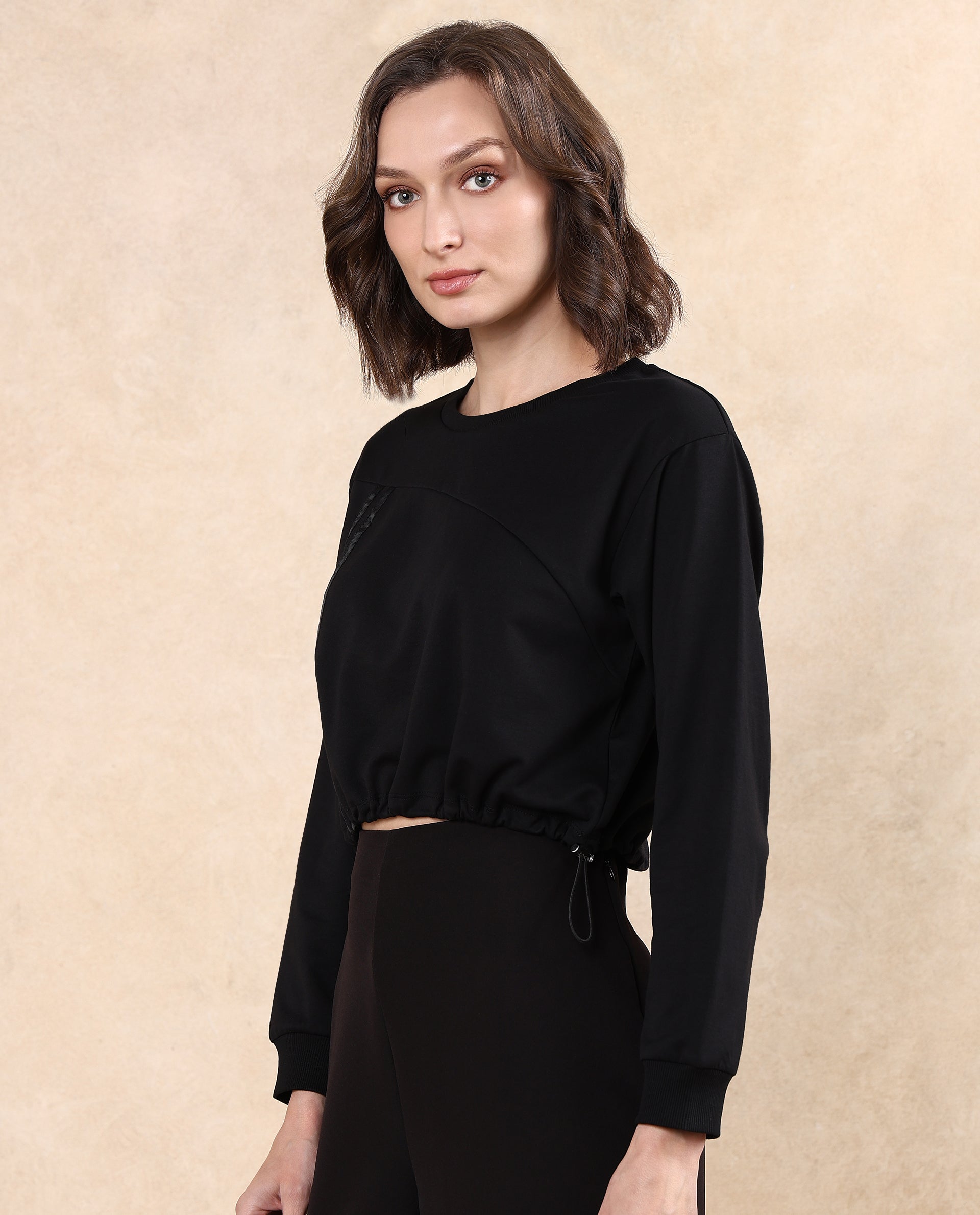 Rareism Women's Maple Black Cotton Blend Crew Neck Plain Crop Relaxed Fit Sweatshirt