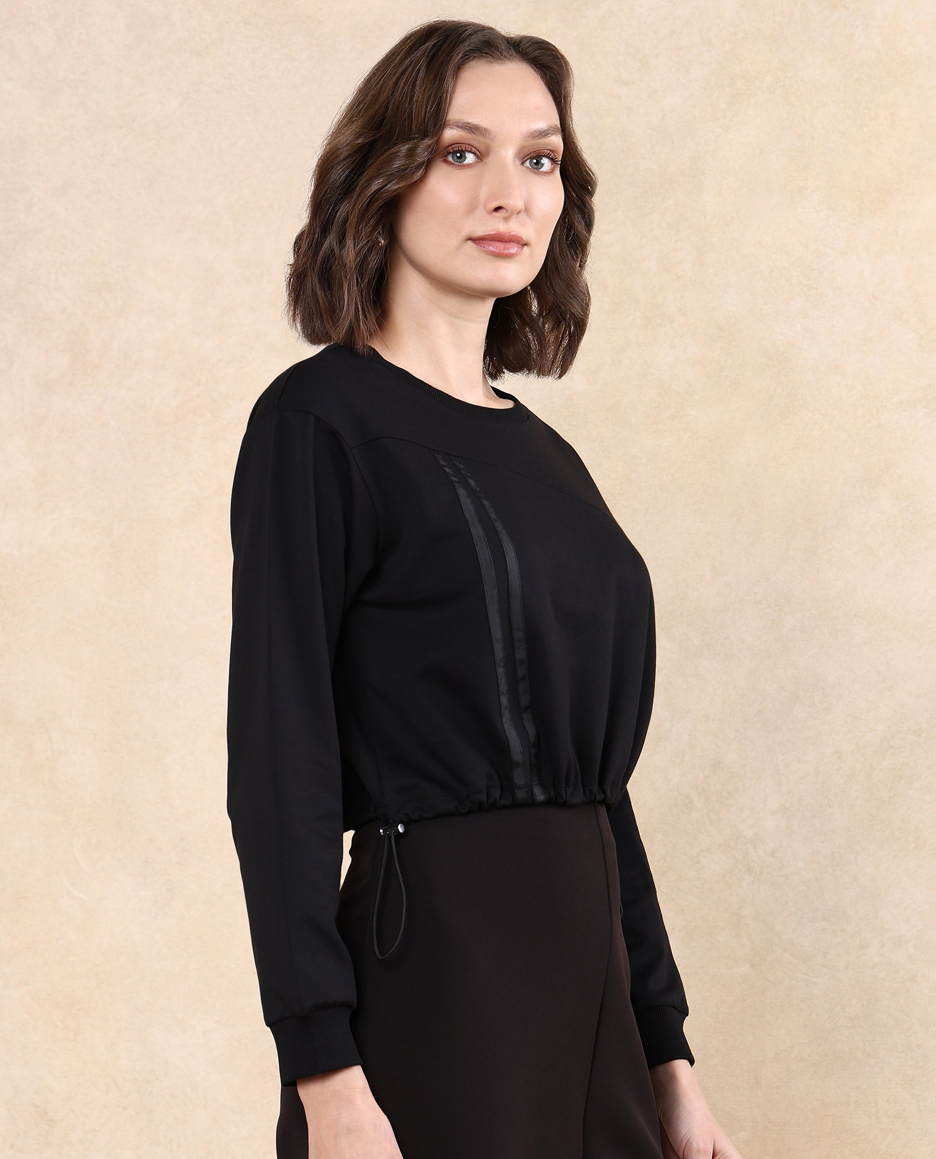 Rareism Women's Maple Black Cotton Blend Crew Neck Plain Crop Relaxed Fit Sweatshirt