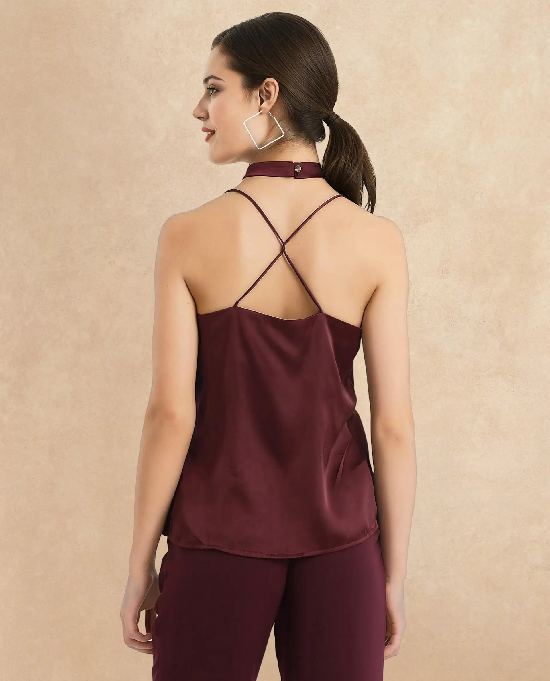 Rareism Women Marano Maroon Shoulder Straps Cowl Neck Plain Top