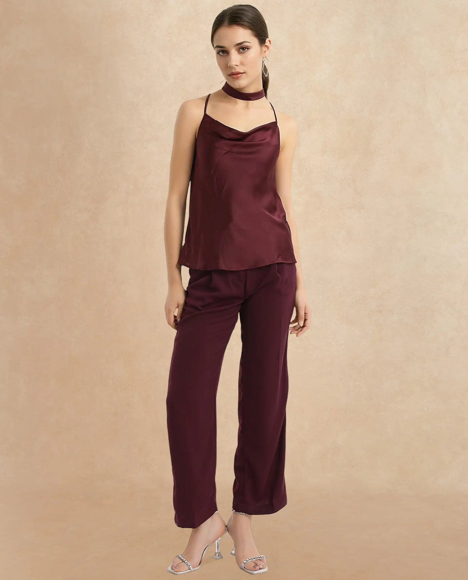 Rareism Women's Marano Maroon Polyester Cowl Neck Plain Shoulder Strap Regular Fit Top