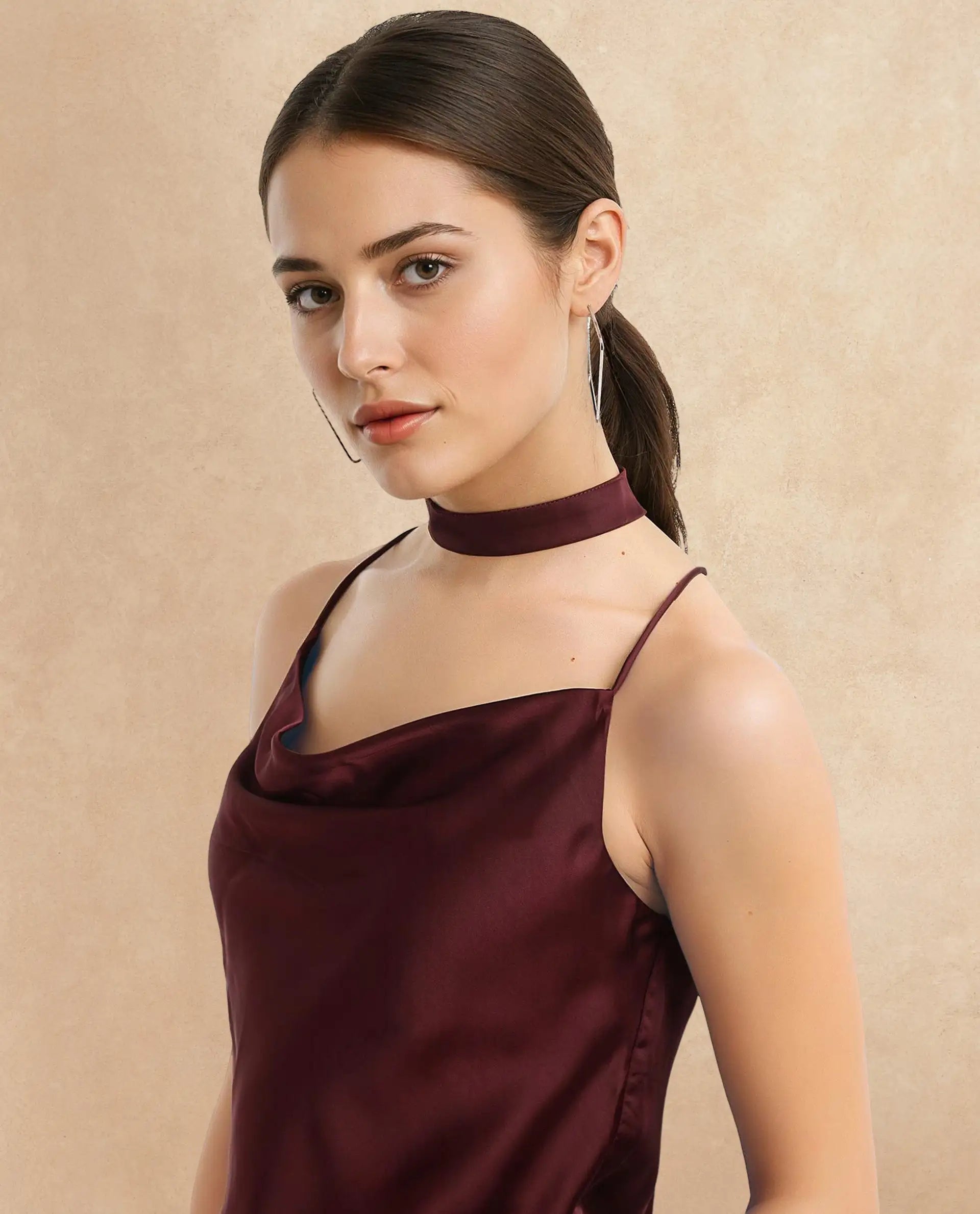 Rareism Women's Marano Maroon Polyester Cowl Neck Plain Shoulder Strap Regular Fit Top