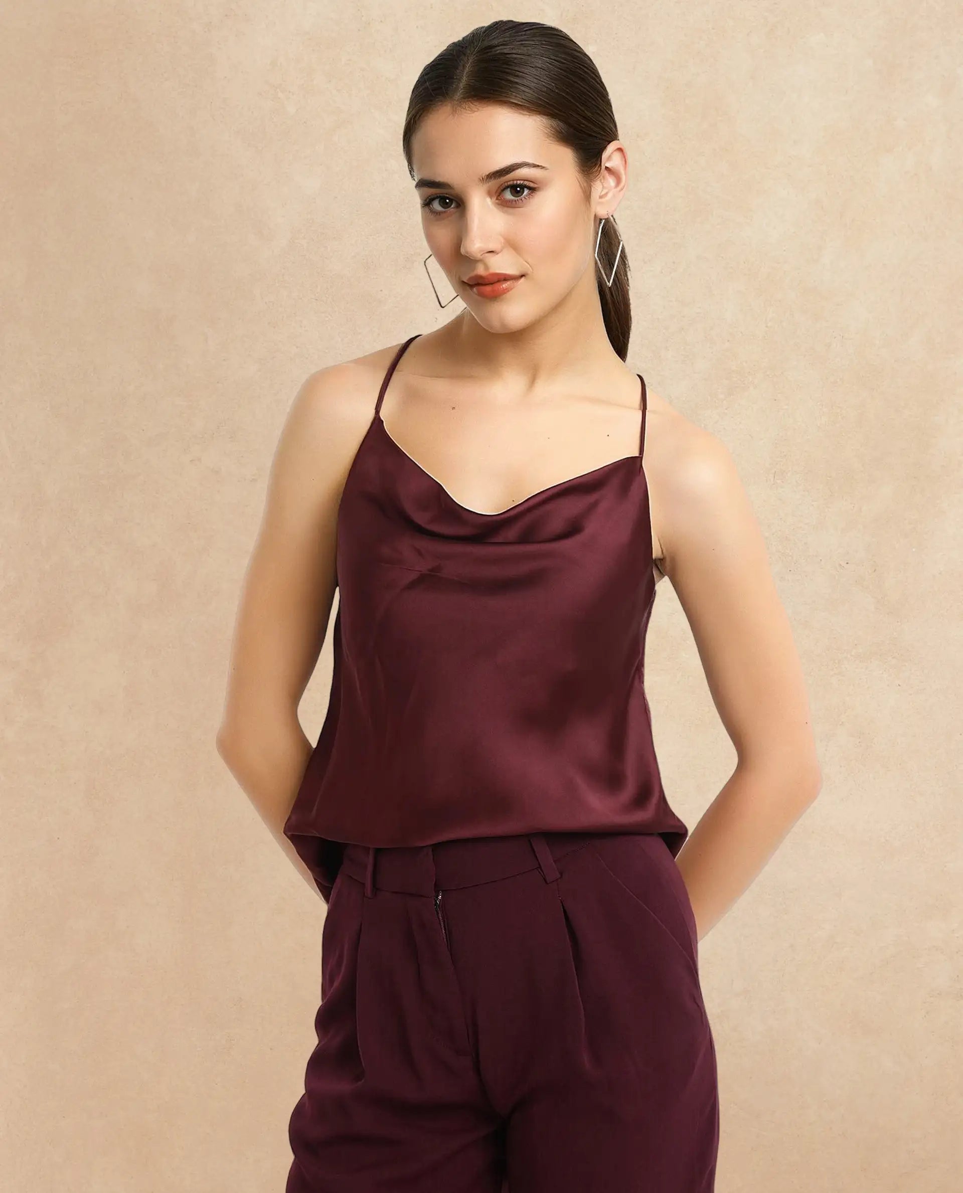 Rareism Women's Marano Maroon Polyester Cowl Neck Plain Shoulder Strap Regular Fit Top