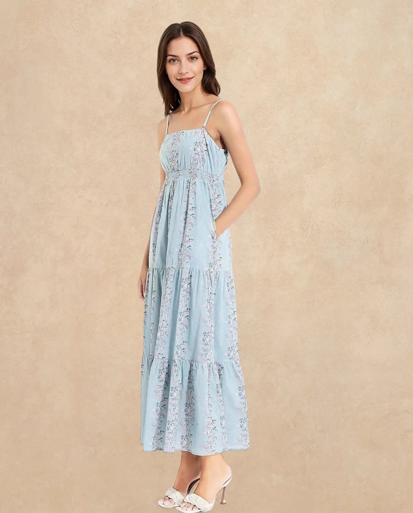 Rareism Women's Marantt Dusky Blue Cotton Shoulder Strap Floral Print Shoulder Strap Maxi Fit And Flare Dress