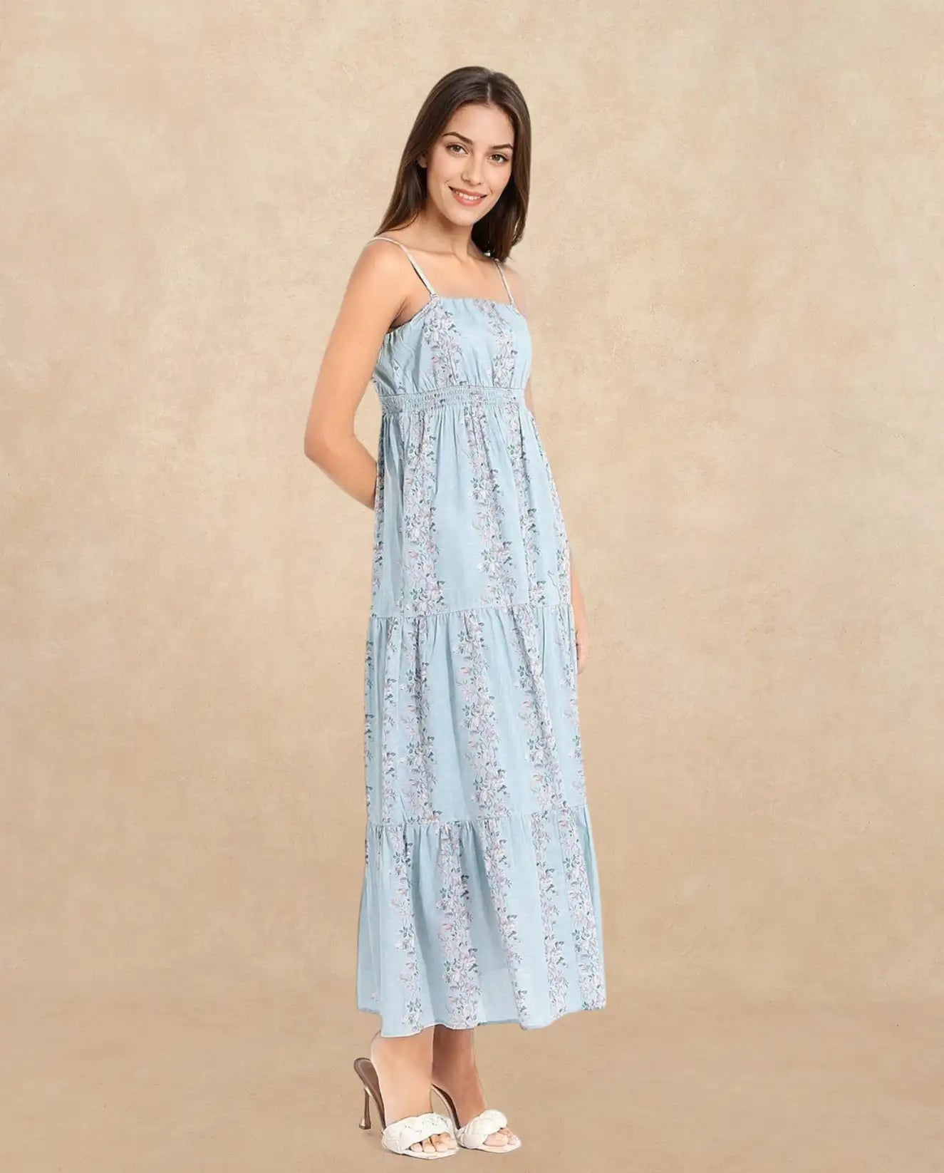 Rareism Women's Marantt Dusky Blue Cotton Shoulder Strap Floral Print Shoulder Strap Maxi Fit And Flare Dress