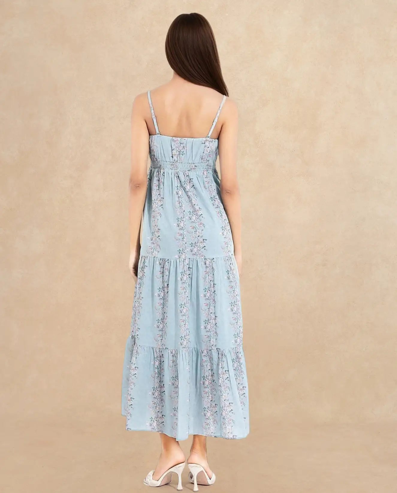 Rareism Women's Marantt Dusky Blue Cotton Shoulder Strap Floral Print Shoulder Strap Maxi Fit And Flare Dress