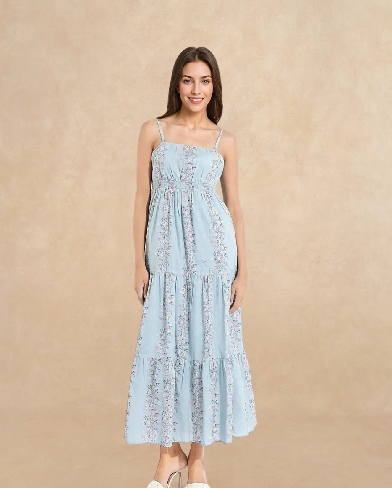 Rareism Women's Marantt Dusky Blue Cotton Shoulder Strap Floral Print Shoulder Strap Maxi Fit And Flare Dress