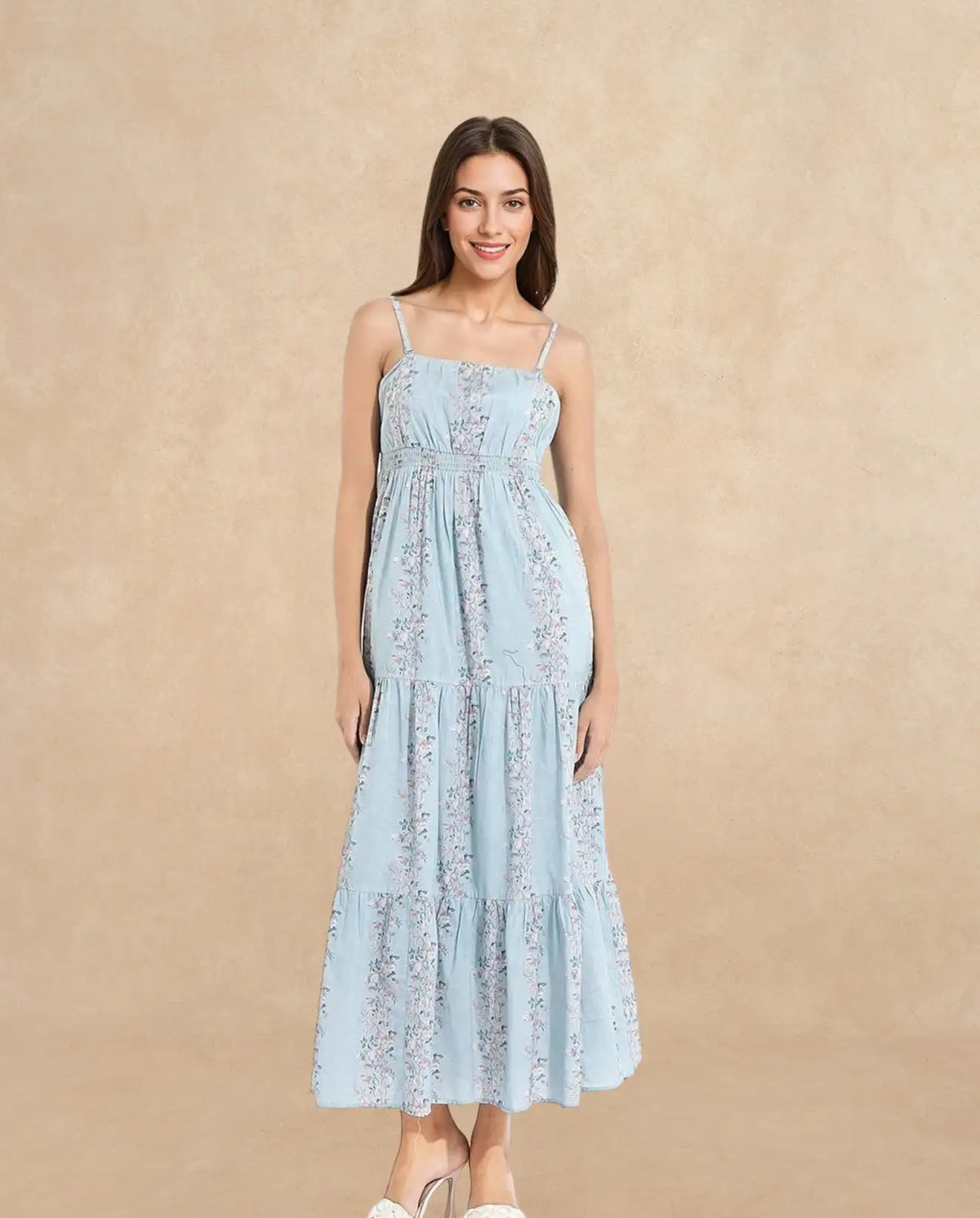 Rareism Women Marantt Dusky Blue Shoulder Straps Tube Neck Fit And Flare Floral Print Maxi Dress