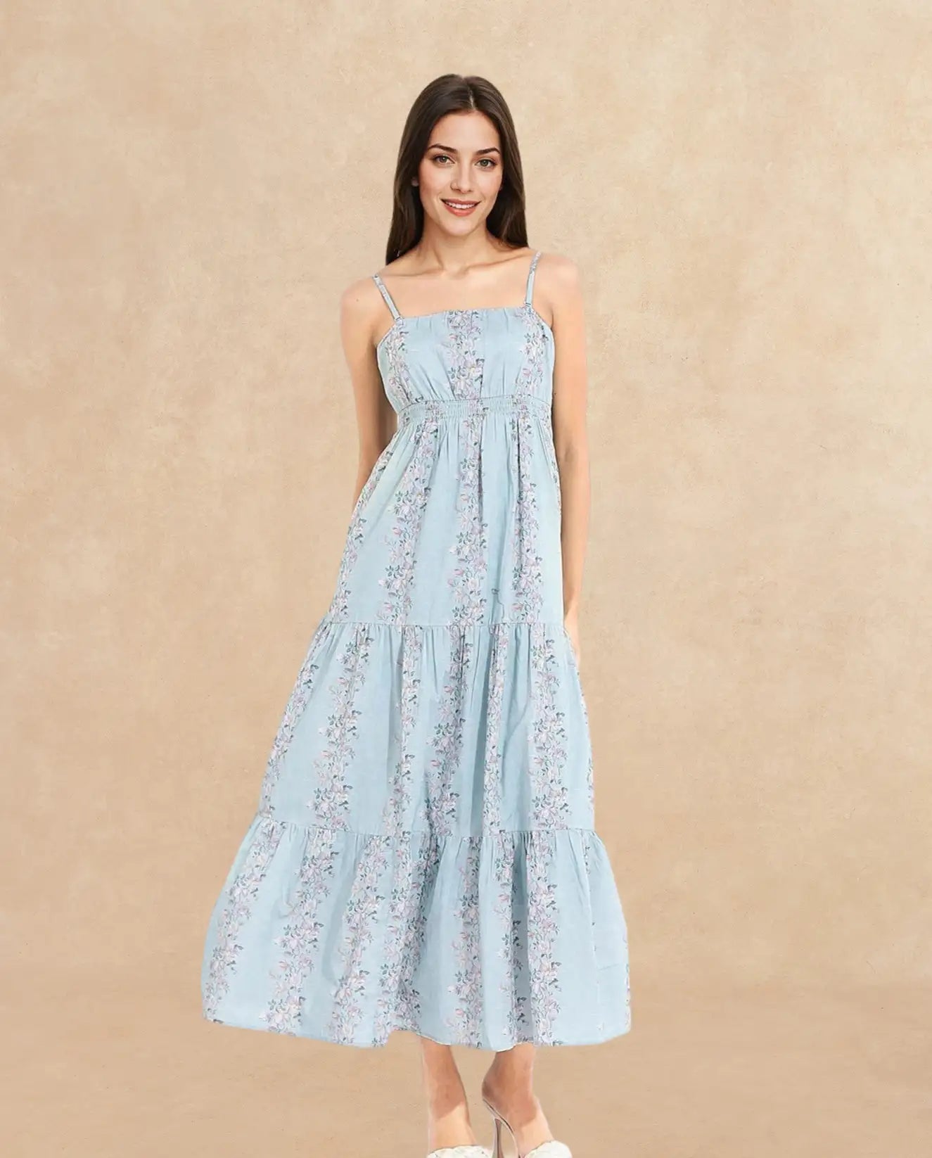 Rareism Women's Marantt Dusky Blue Cotton Shoulder Strap Floral Print Shoulder Strap Maxi Fit And Flare Dress