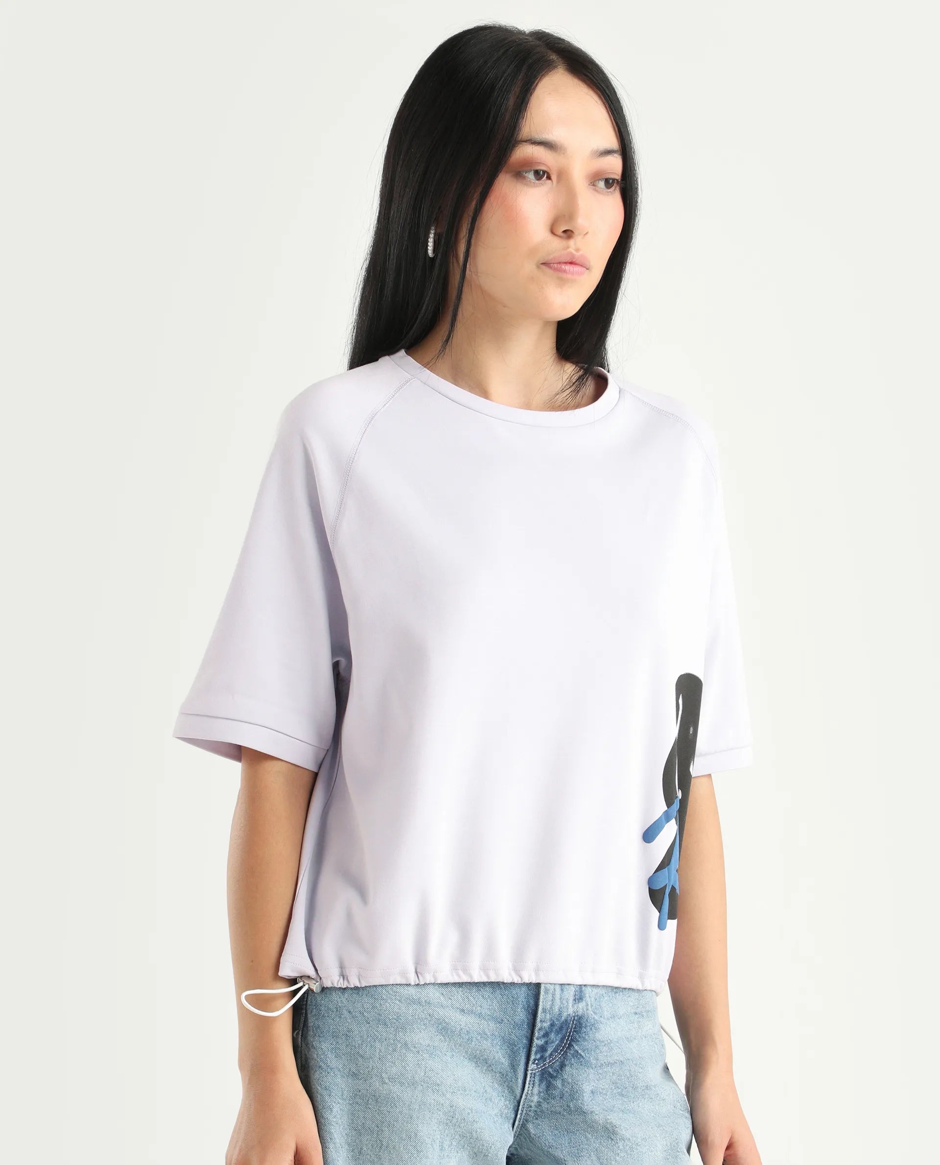 Rareism Women's Marco Pastel Purple Cotton Blend Crew Neck Graphic Print Relaxed Fit T-Shirt