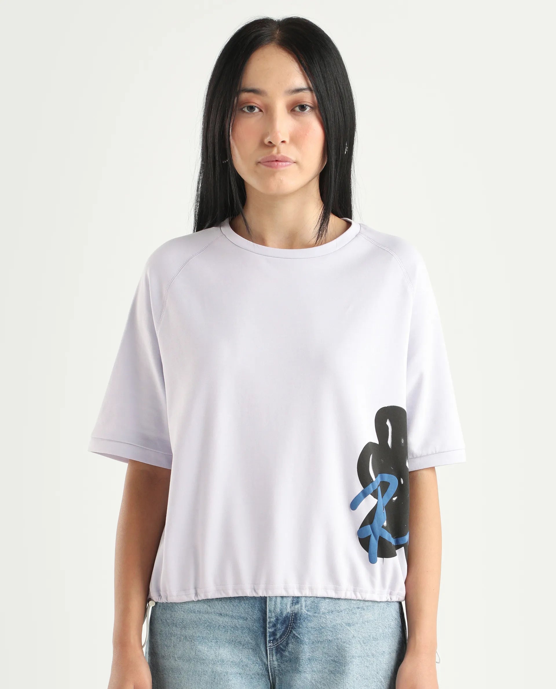 Rareism Women's Marco Pastel Purple Cotton Blend Crew Neck Graphic Print Relaxed Fit T-Shirt