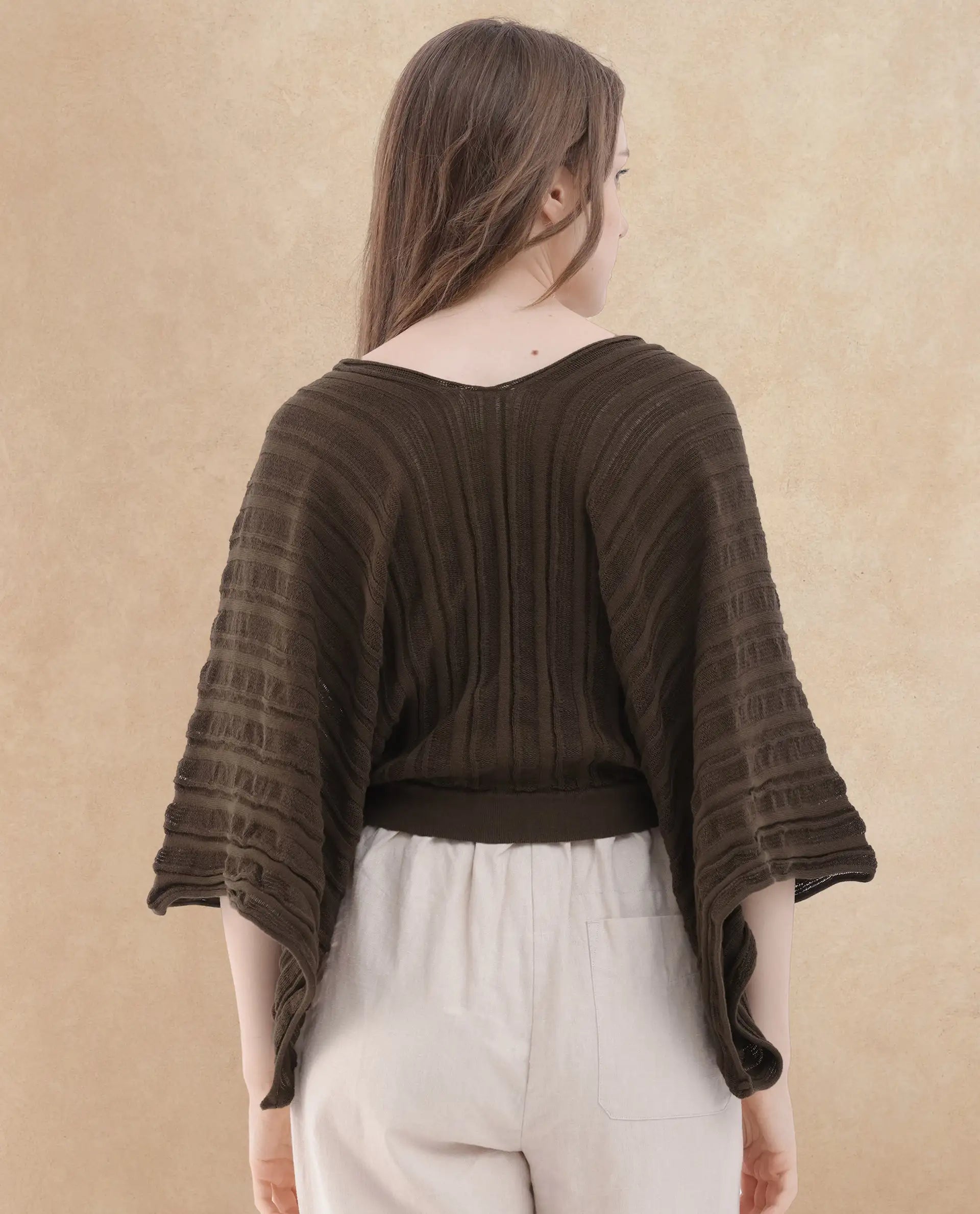 Rareism Women's Mrida Brown Cotton V-Neck Plain Extended Sleeves Relaxed Fit Top