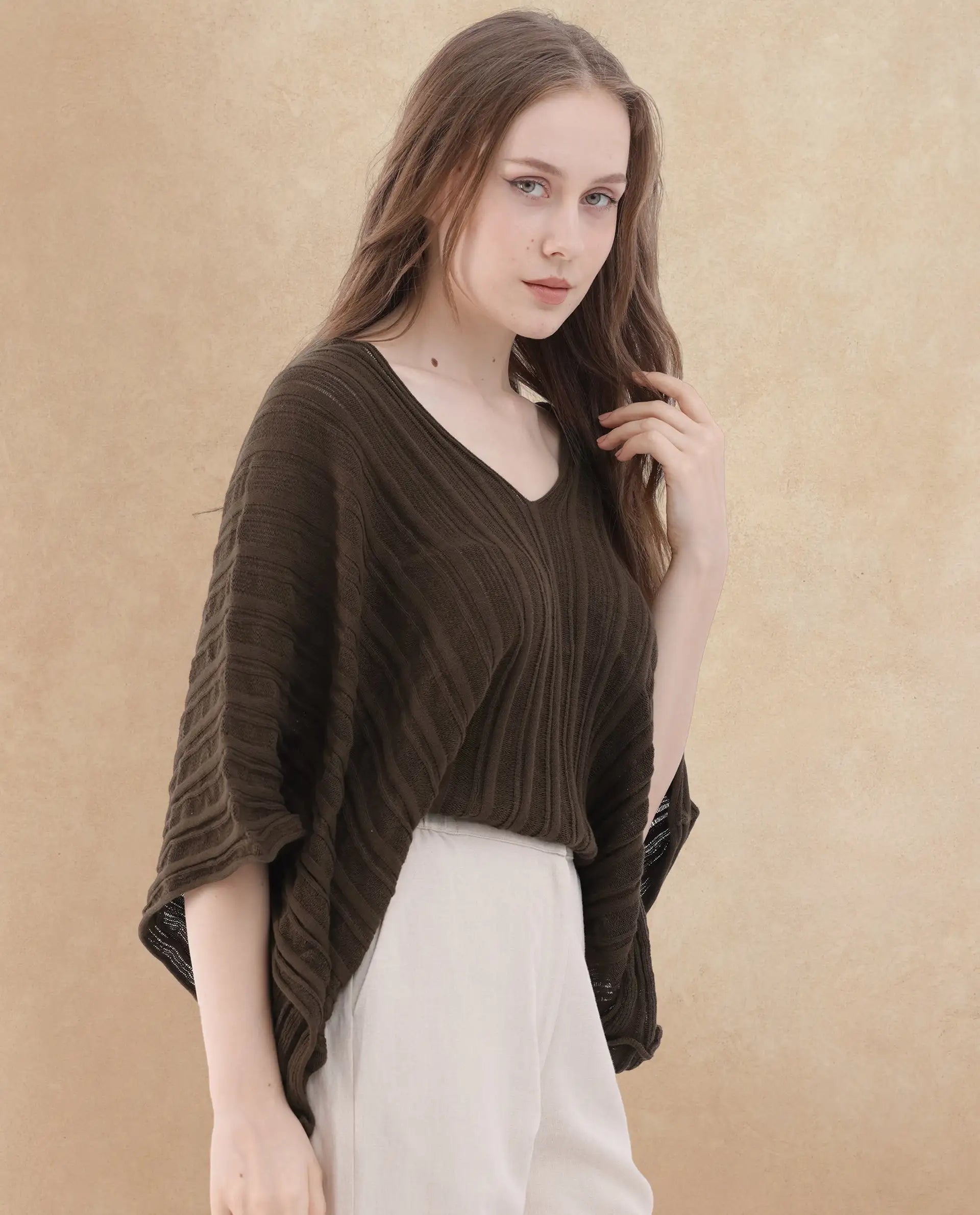 Rareism Women's Mrida Brown Cotton V-Neck Plain Extended Sleeves Relaxed Fit Top
