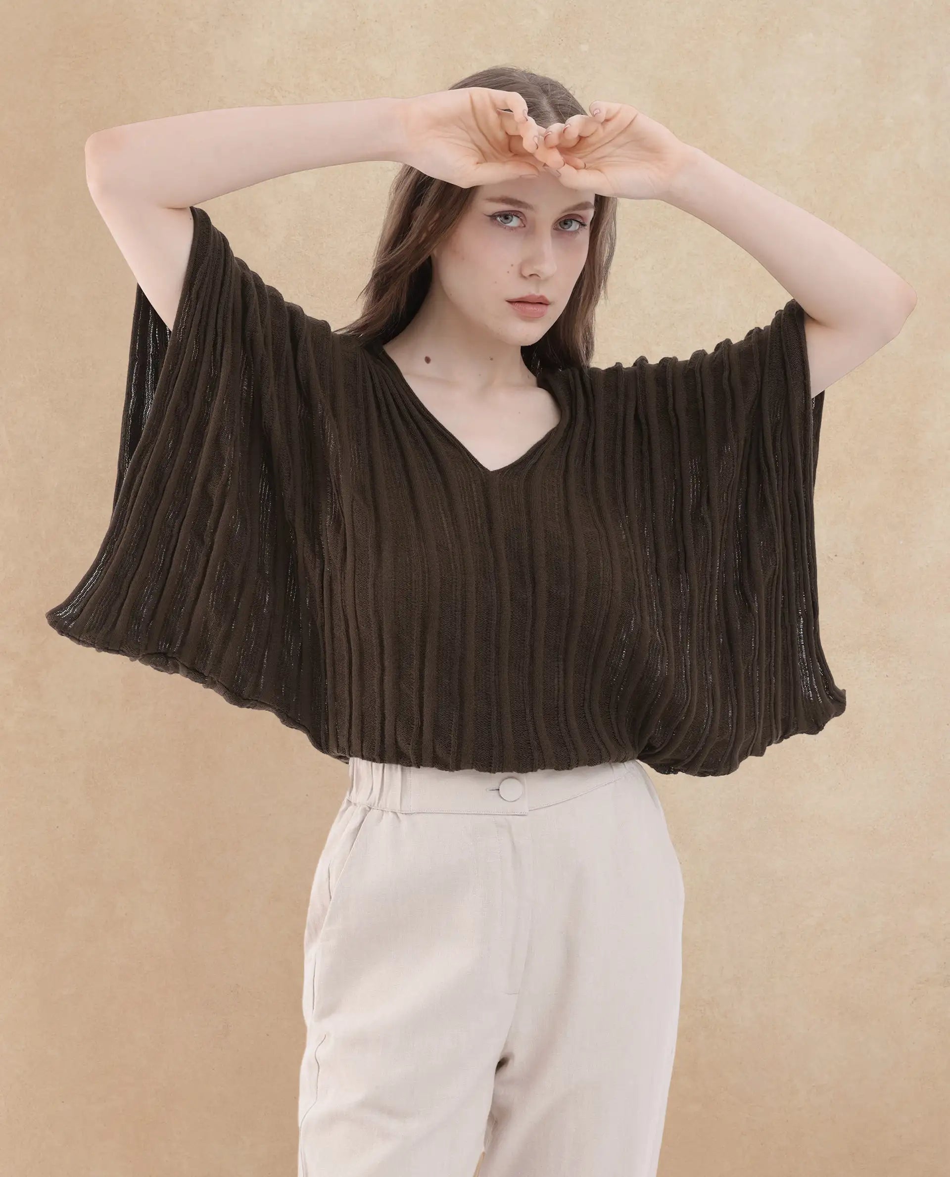 Rareism Women's Mrida Brown Cotton V-Neck Plain Extended Sleeves Relaxed Fit Top