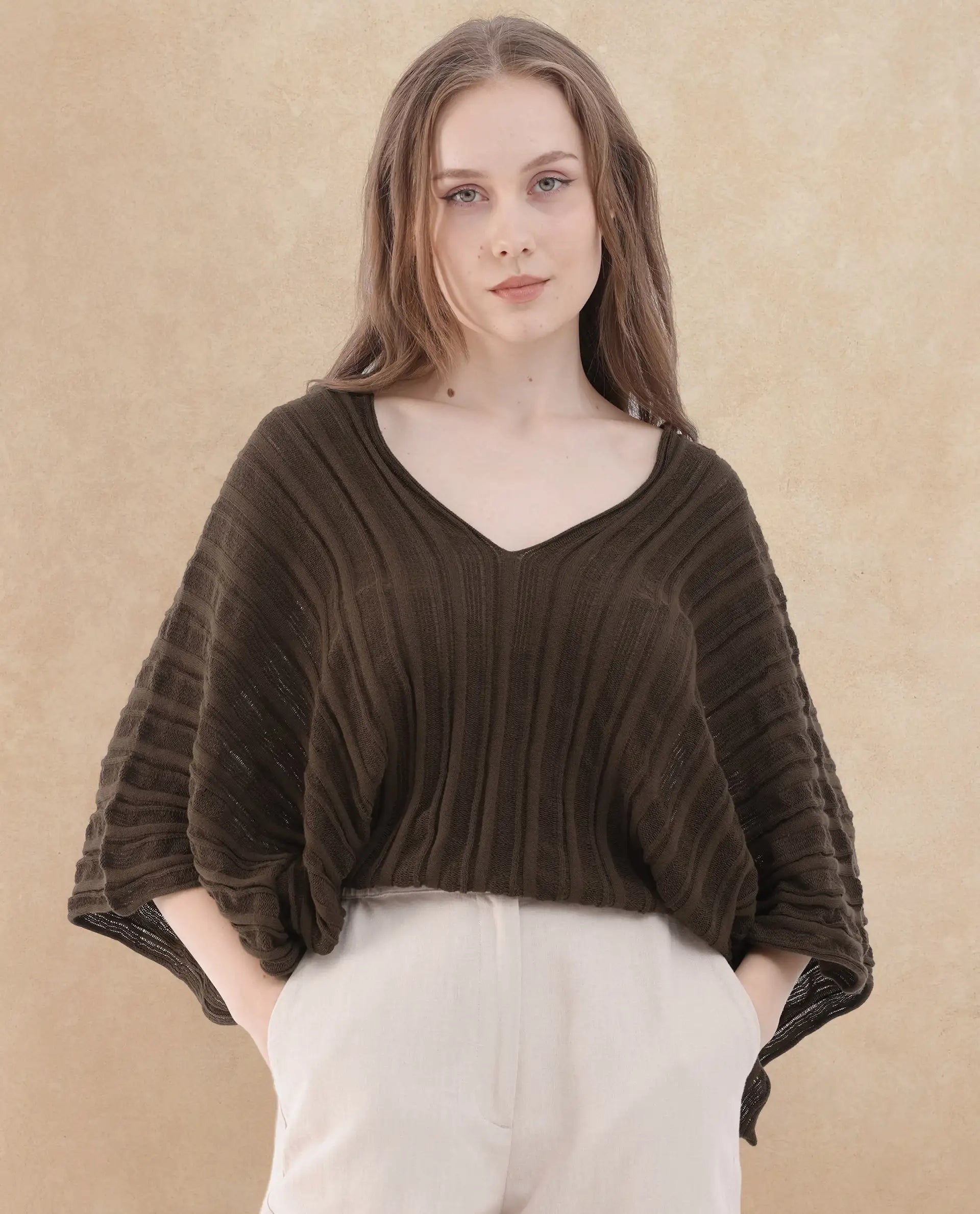 Rareism Women's Mrida Brown Cotton V-Neck Plain Extended Sleeves Relaxed Fit Top