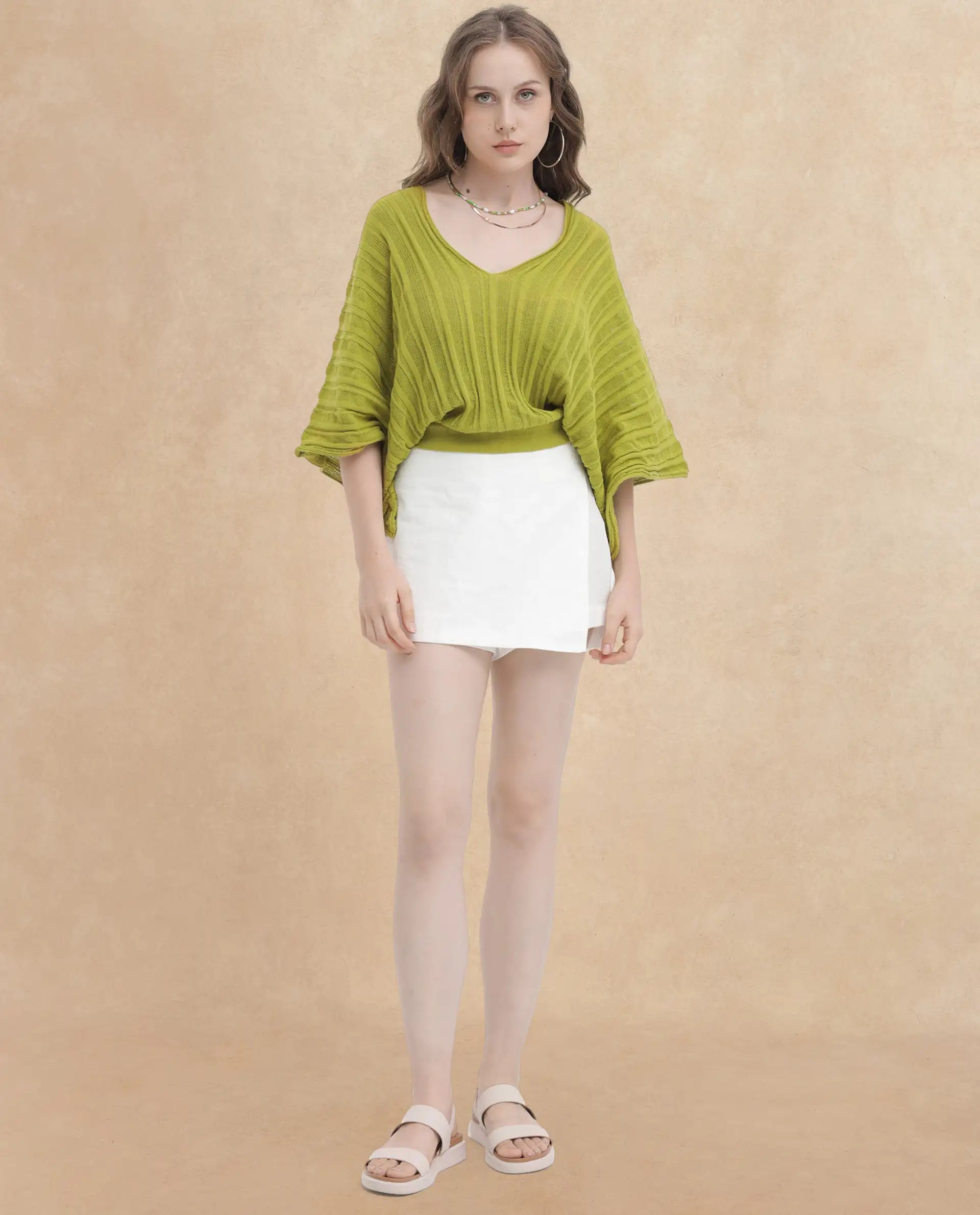 Rareism Women's Marida Olive Cotton V-Neck Plain Extended Sleeves Relaxed Fit Top