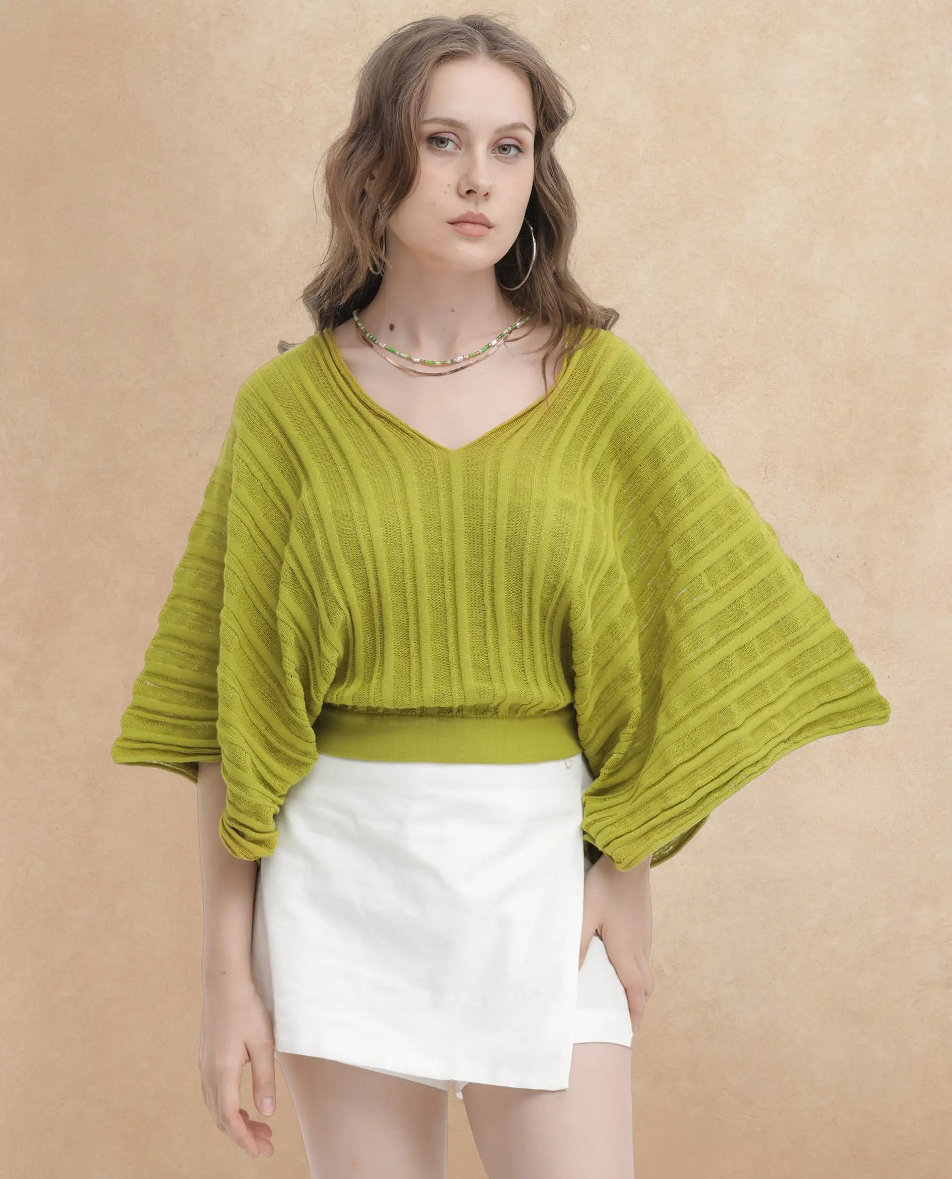 Rareism Women's Marida Olive Cotton V-Neck Plain Extended Sleeves Relaxed Fit Top